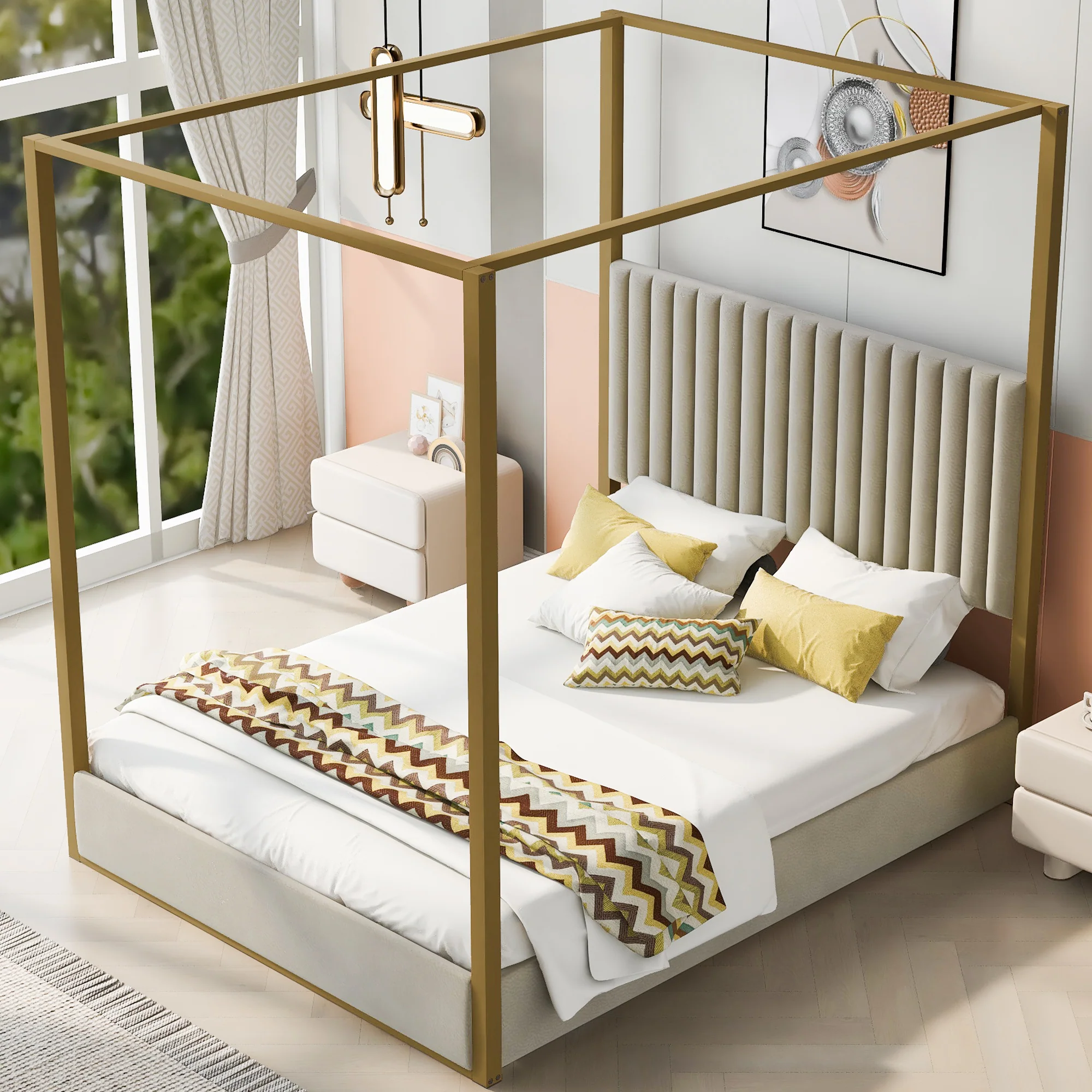 Walker Edison | Queen Size Upholstery Canopy Platform Bed - Image 3
