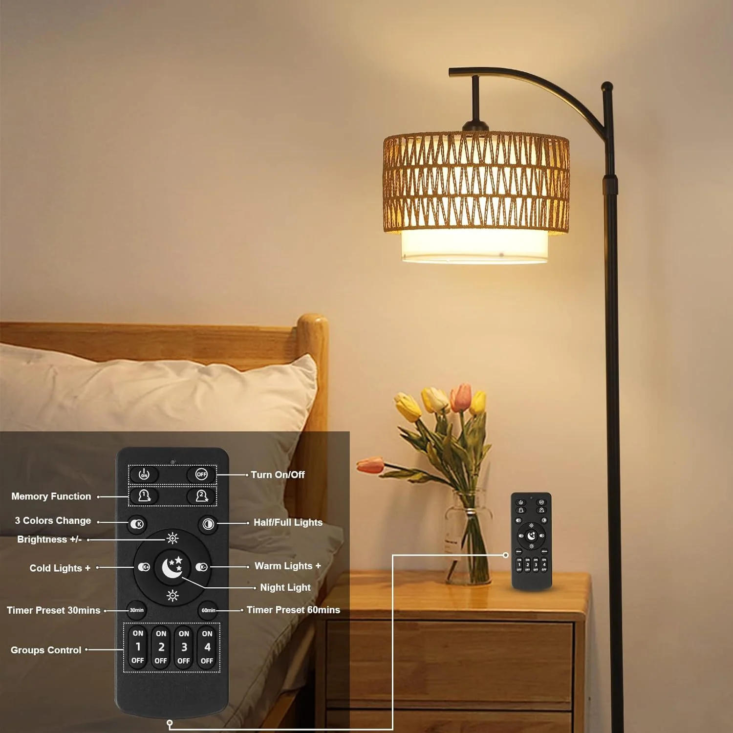 Walker Edison | Boho Arc Floor Lamp for Living Room with 3 Color Temperatures