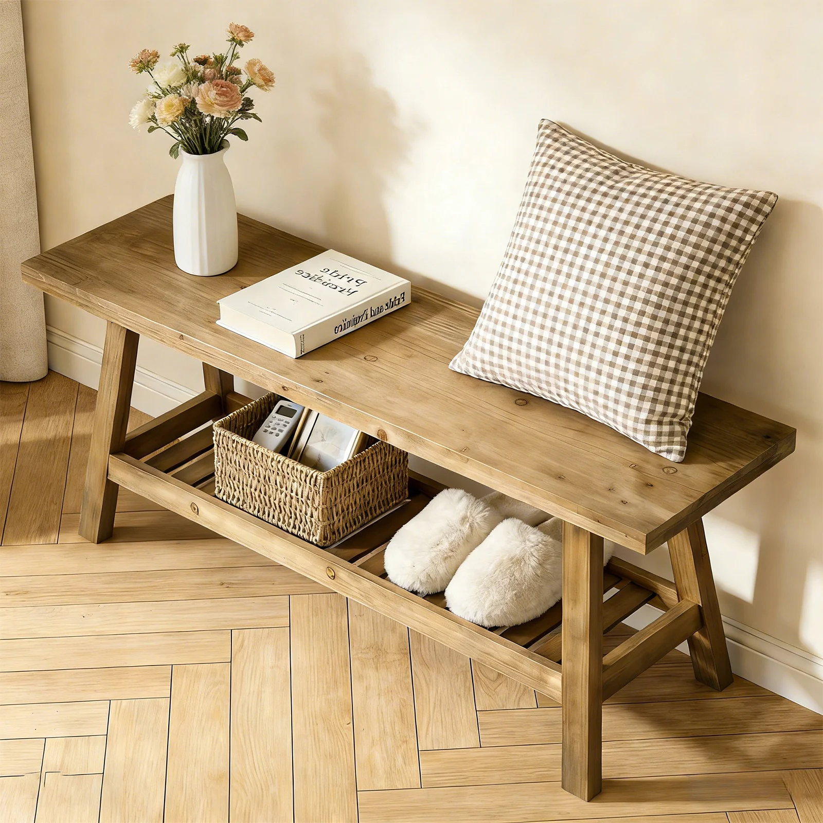 Farmhouse Entryway Wooden Bench with Open Storage Shelf - Image 12