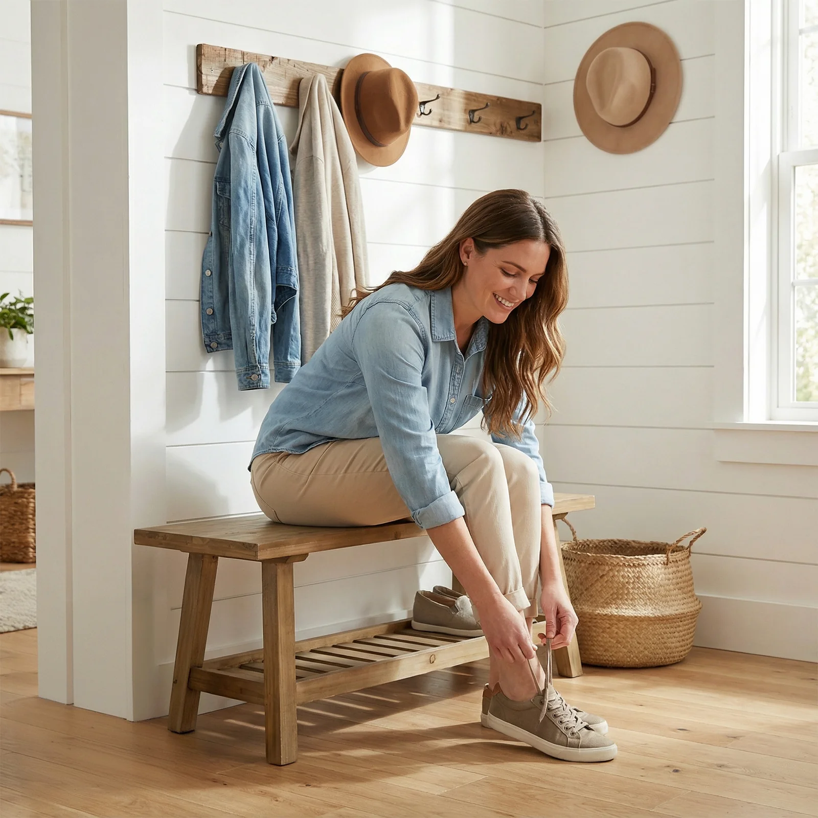 Farmhouse Entryway Wooden Bench with Open Storage Shelf - Image 13