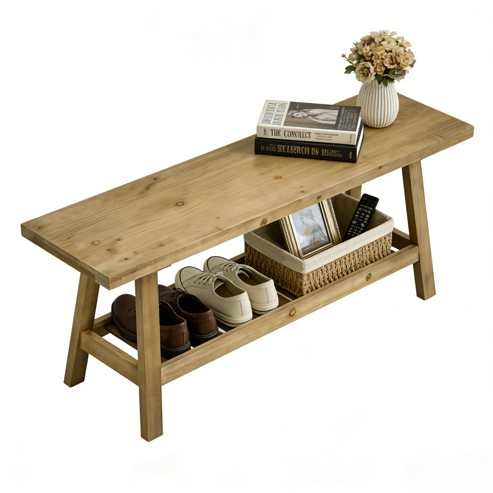 Farmhouse Entryway Wooden Bench with Open Storage Shelf - Image 15