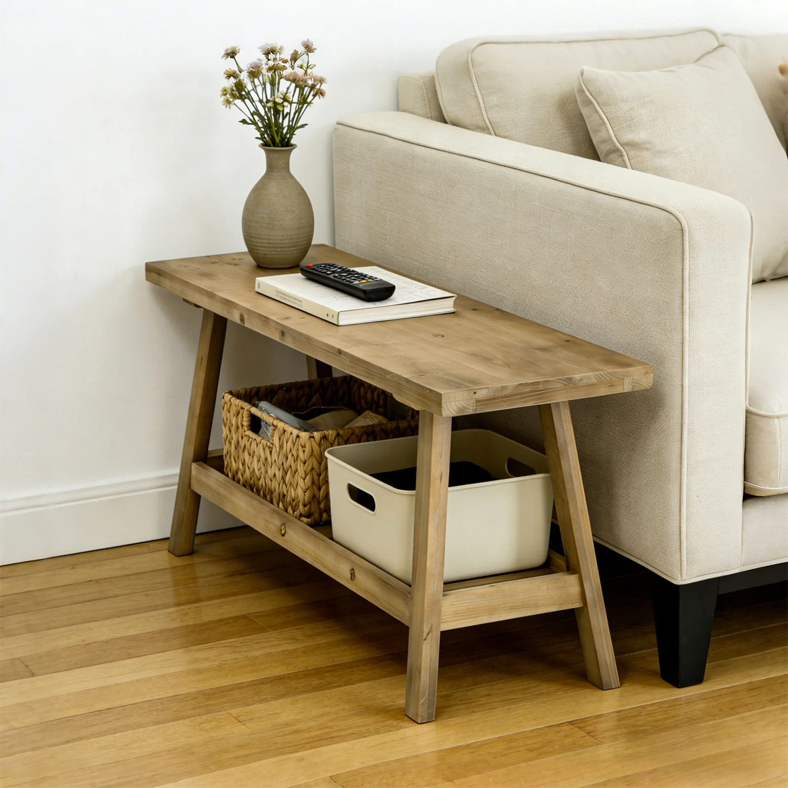 Farmhouse Entryway Wooden Bench with Open Storage Shelf - Image 3