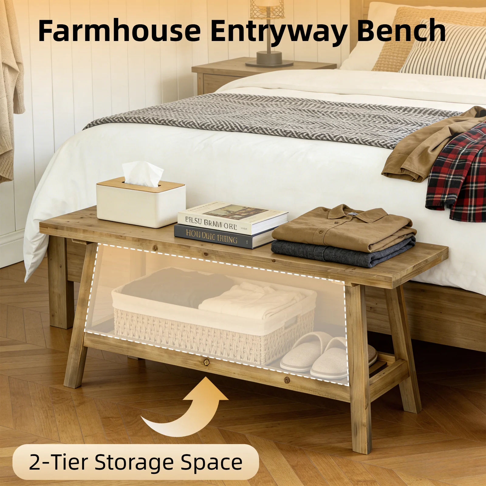Farmhouse Entryway Wooden Bench with Open Storage Shelf - Image 4