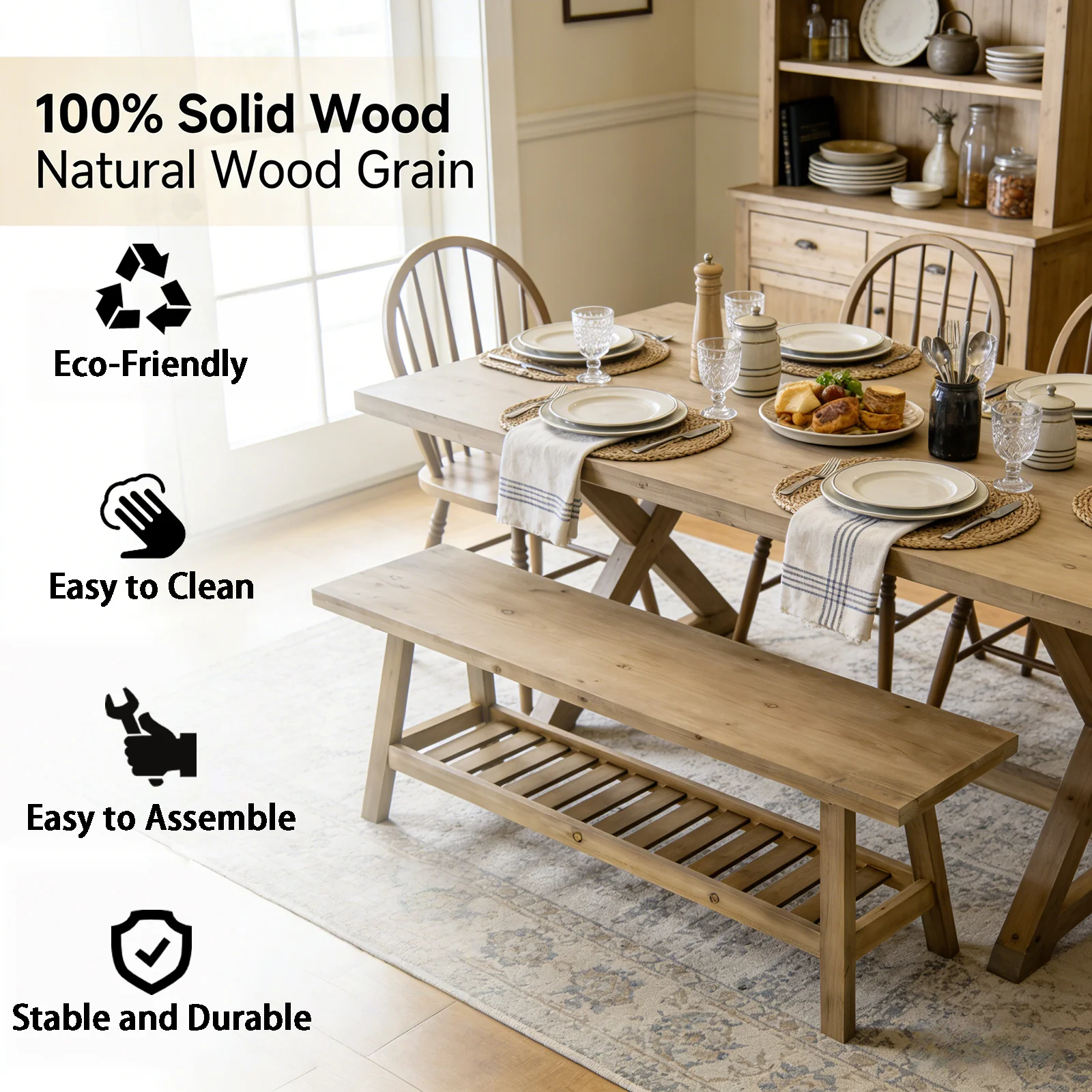 Farmhouse Entryway Wooden Bench with Open Storage Shelf - Image 5