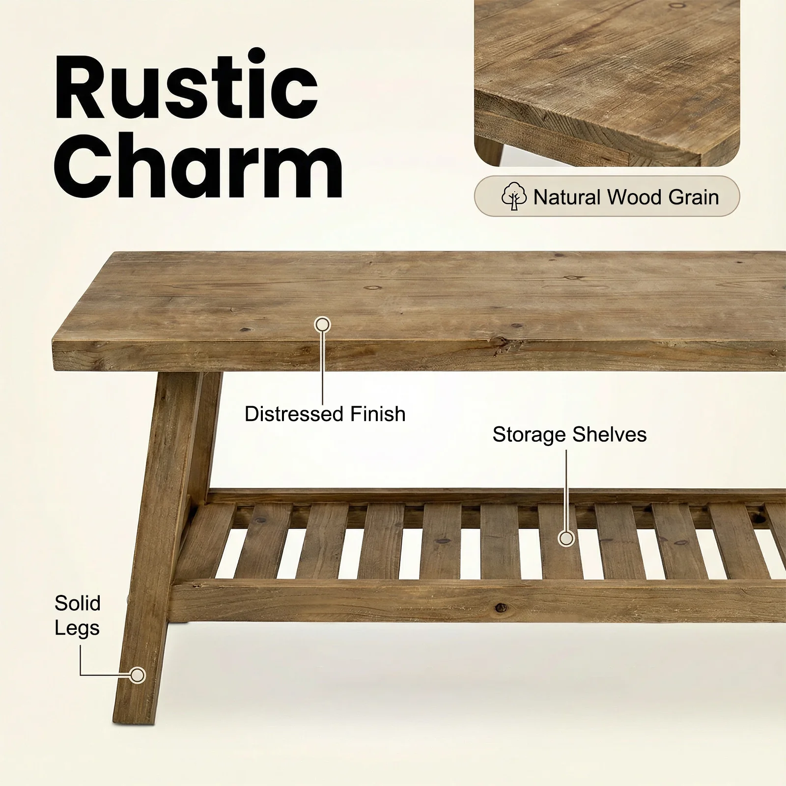 Farmhouse Entryway Wooden Bench with Open Storage Shelf - Image 7