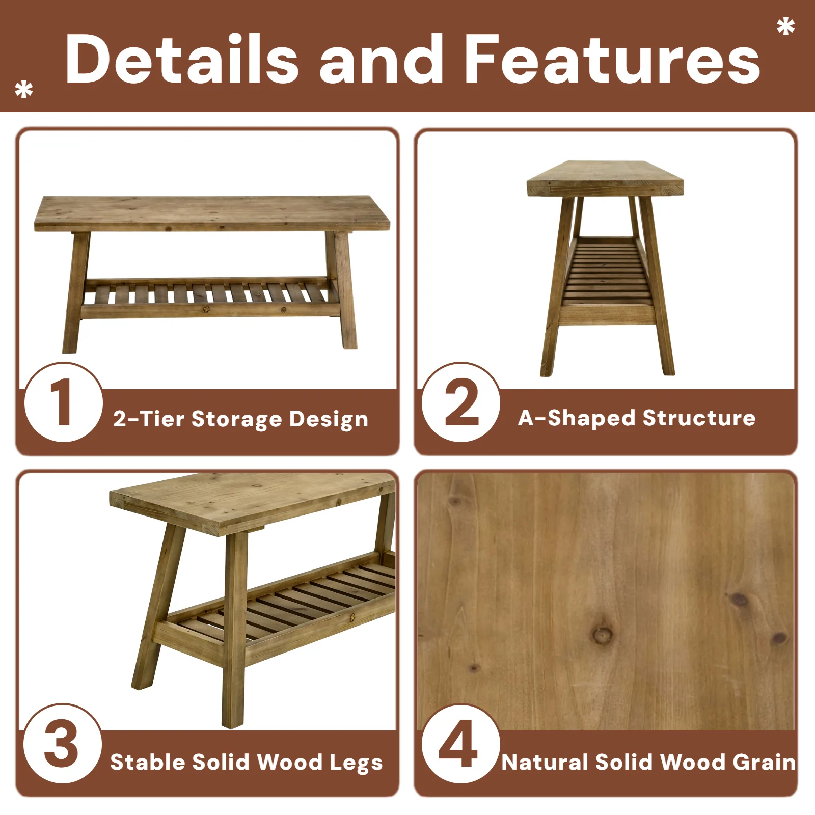 Farmhouse Entryway Wooden Bench with Open Storage Shelf - Image 8