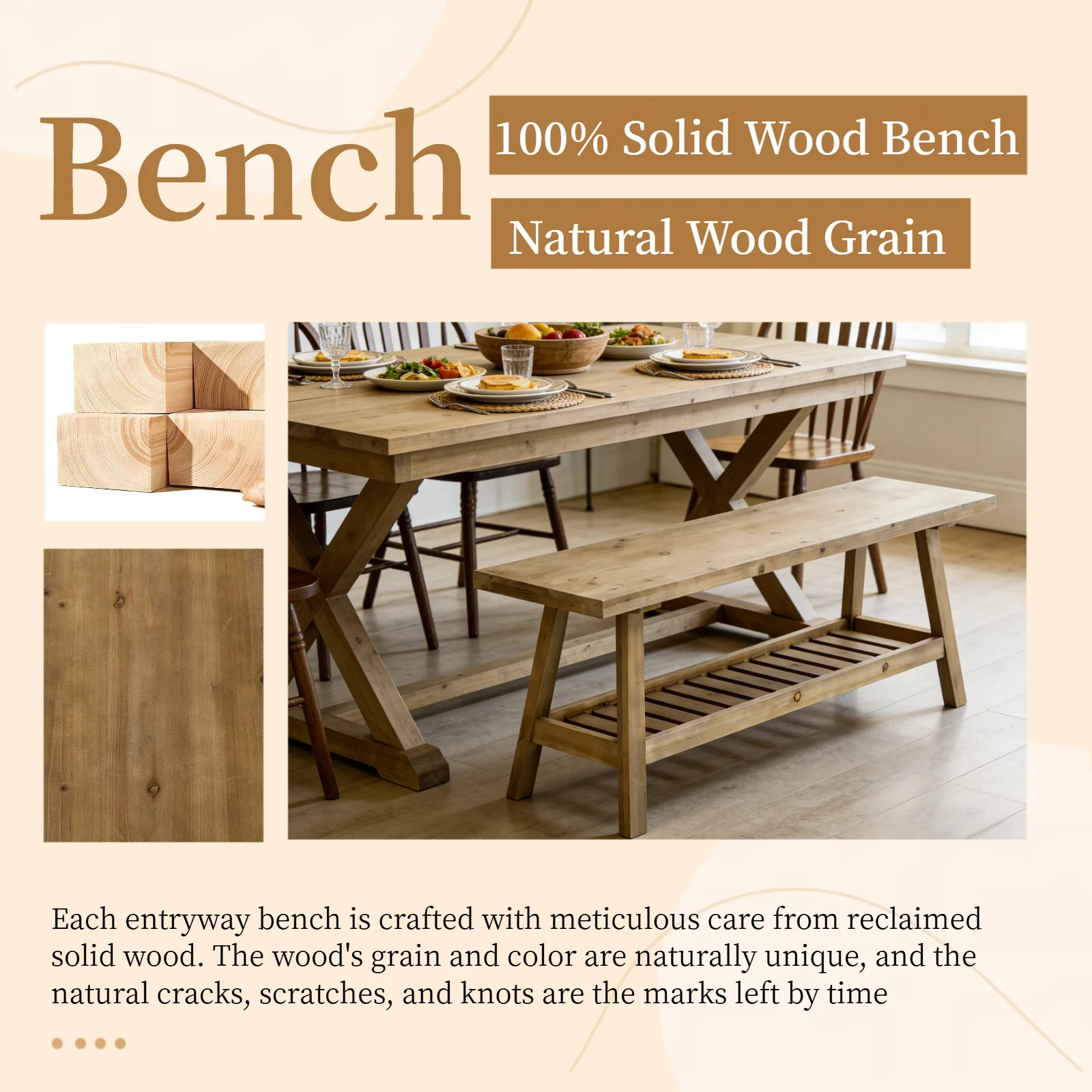 Farmhouse Entryway Wooden Bench with Open Storage Shelf - Image 9