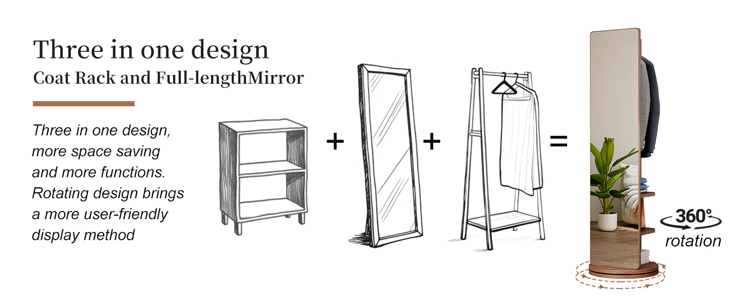 Walker Edison | 360° Rotating 66'x14' Multifunctional Full Length Mirror with Storage - Image 13