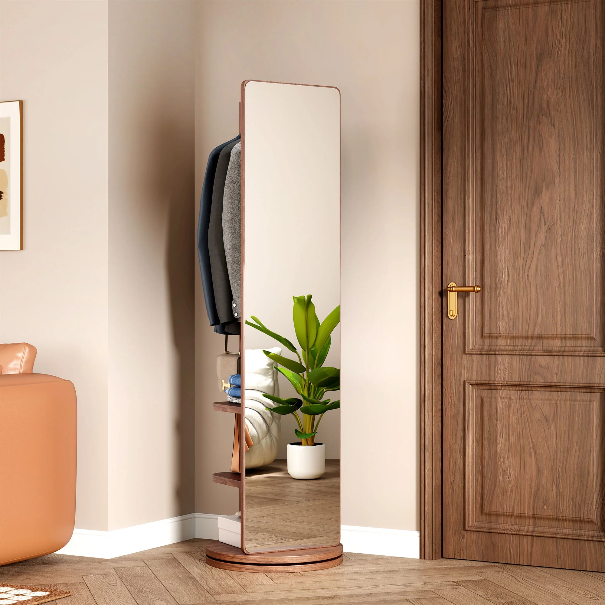 Walker Edison | 360° Rotating 66'x14' Multifunctional Full Length Mirror with Storage - Image 2