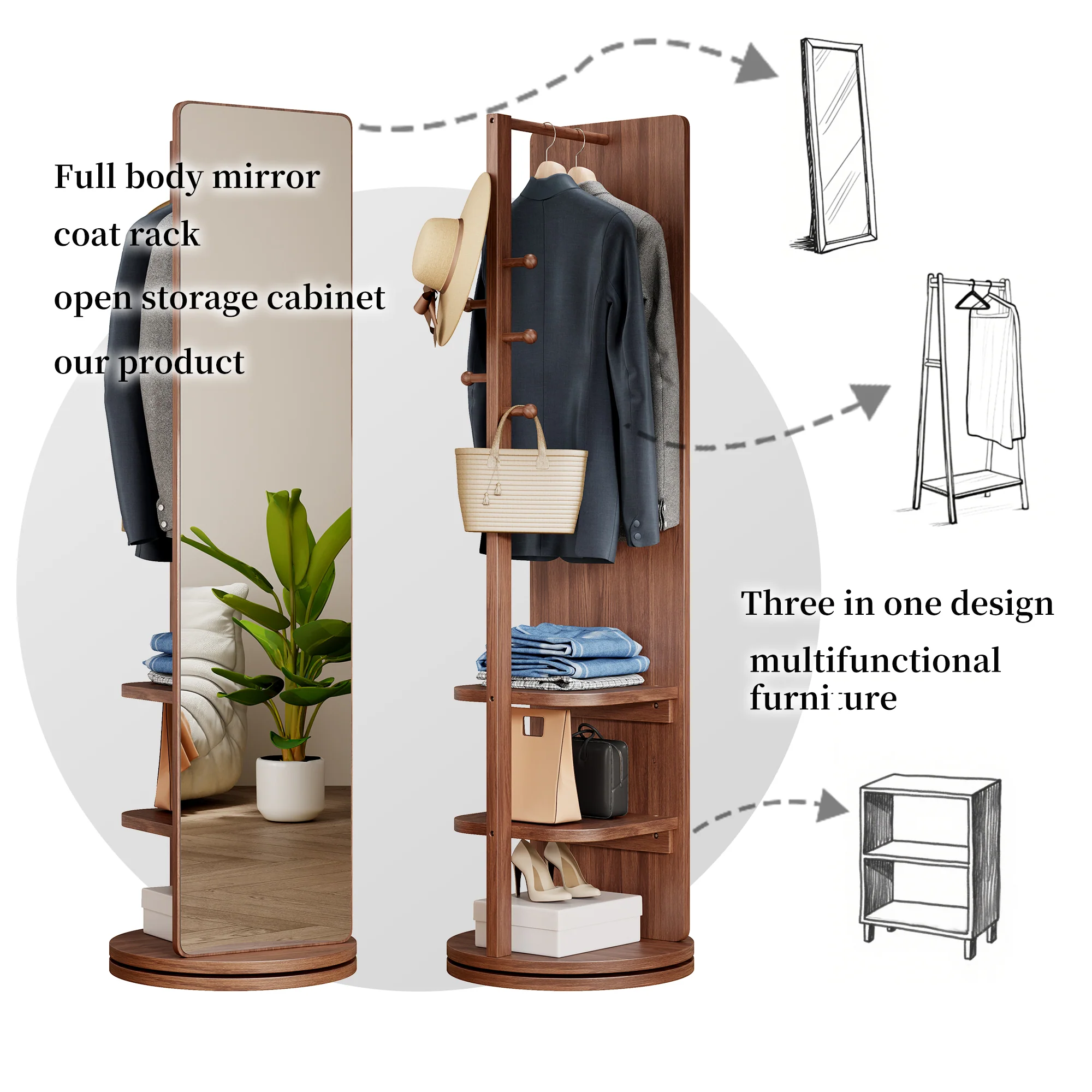 Walker Edison | 360° Rotating 66'x14' Multifunctional Full Length Mirror with Storage - Image 5