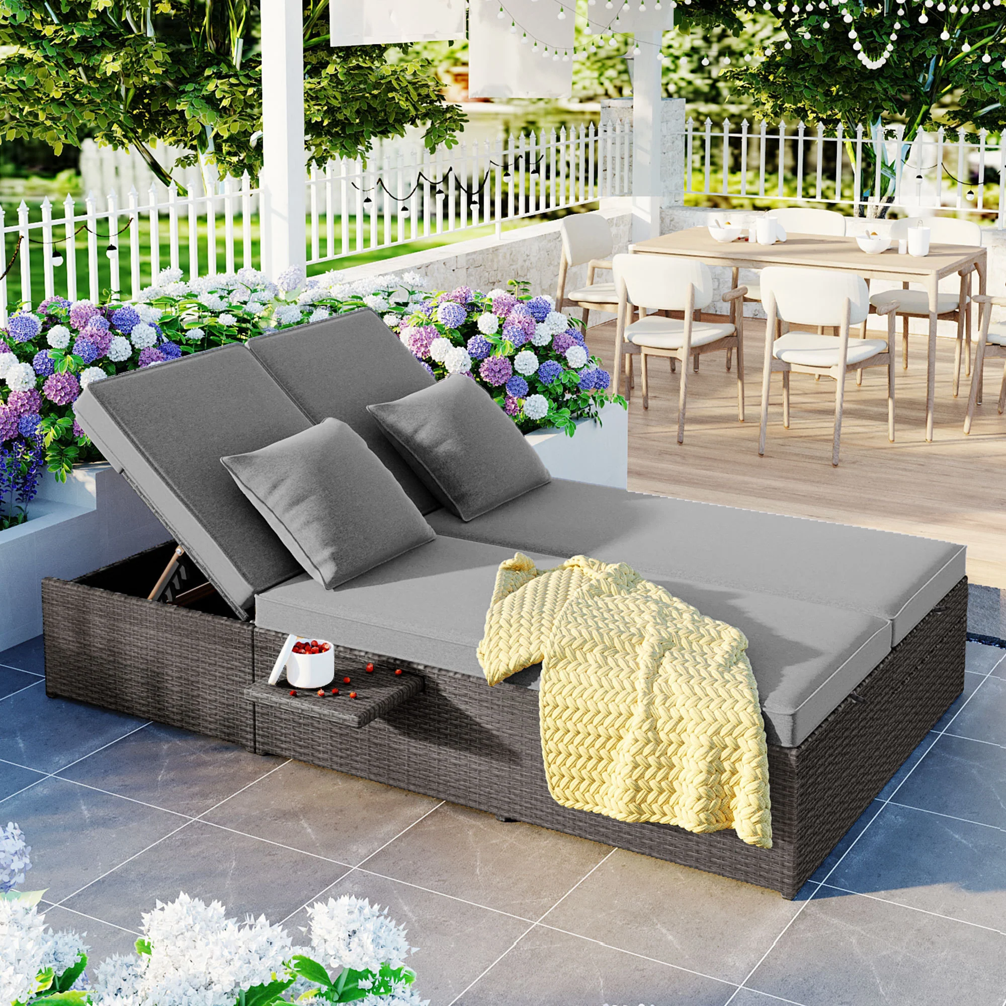 Walker Edison | Wicker Outdoor Double Sunbed Set