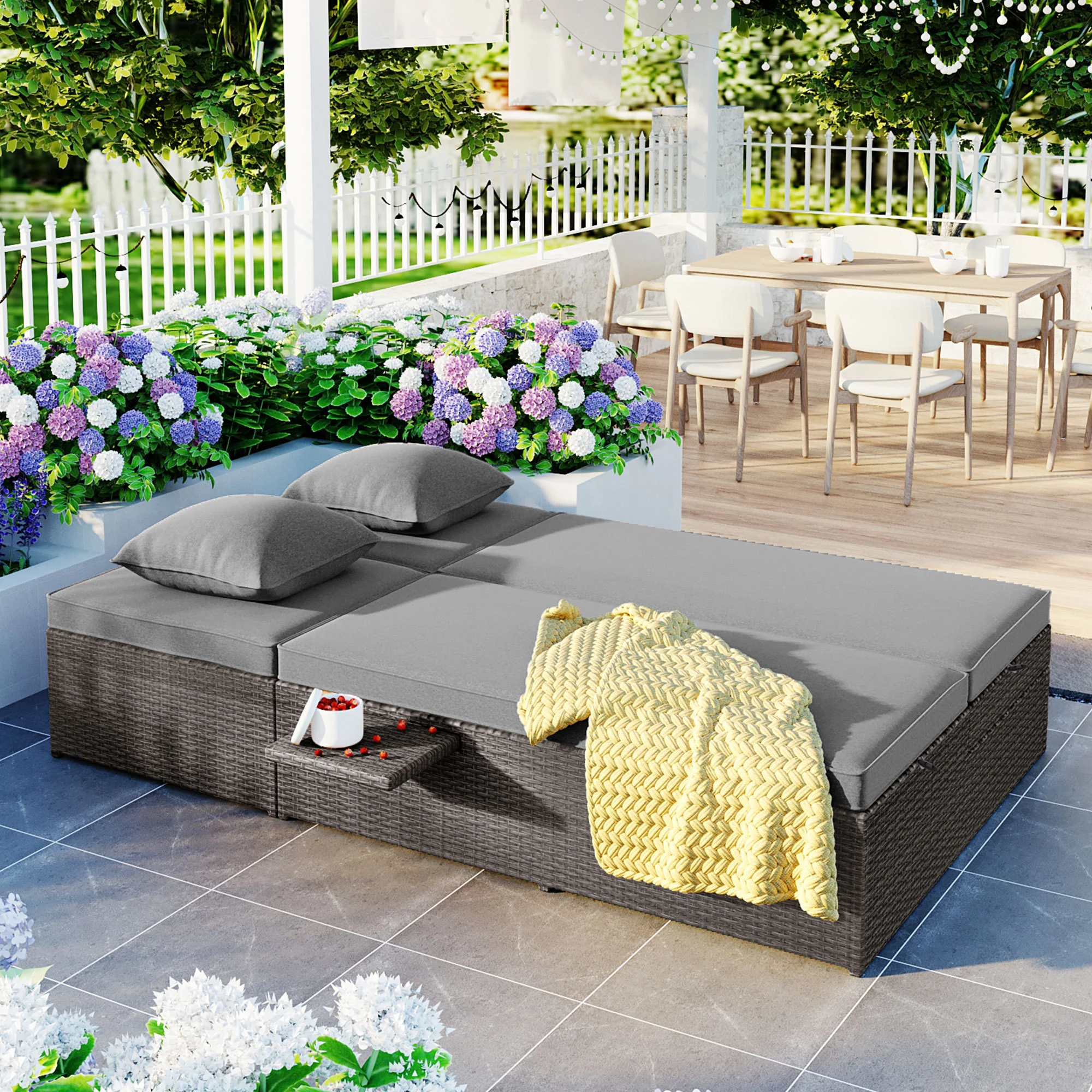 Walker Edison | Wicker Outdoor Double Sunbed Set - Image 2