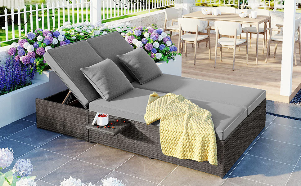 Walker Edison | Wicker Outdoor Double Sunbed Set - Image 28