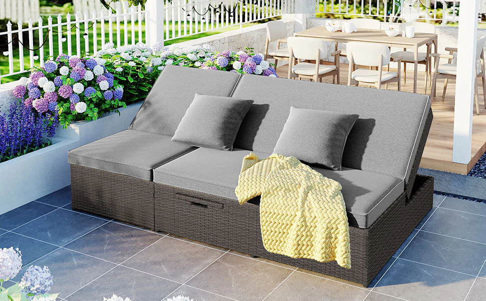 Walker Edison | Wicker Outdoor Double Sunbed Set - Image 29