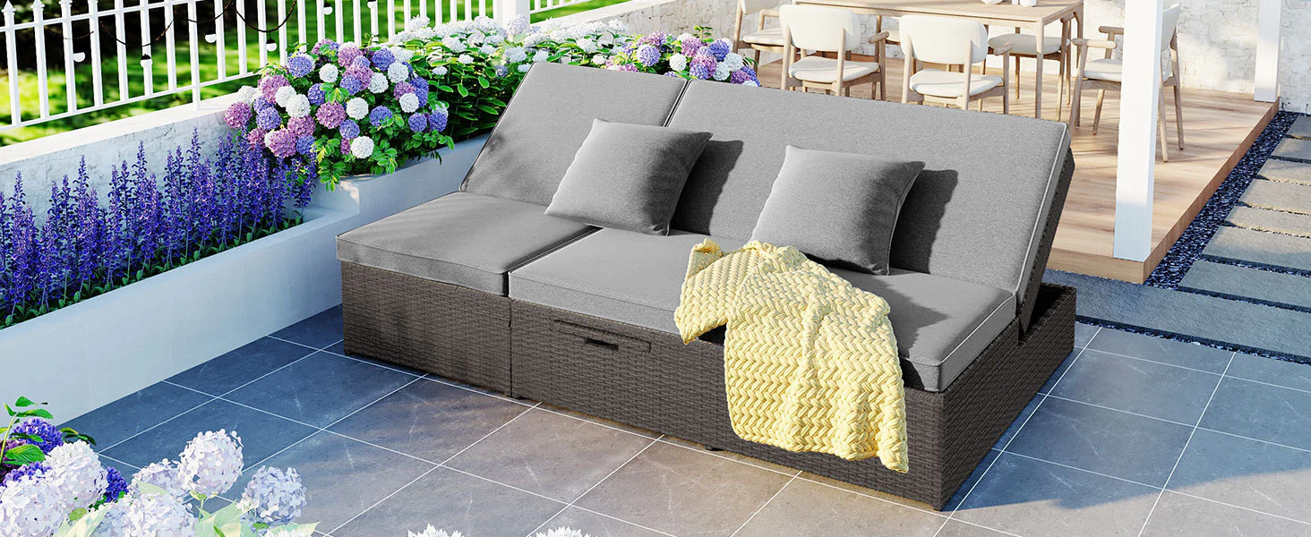 Walker Edison | Wicker Outdoor Double Sunbed Set - Image 30