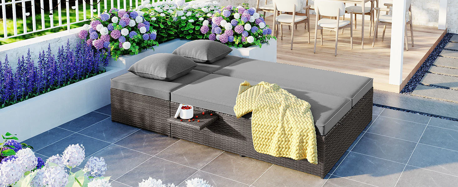 Walker Edison | Wicker Outdoor Double Sunbed Set - Image 32