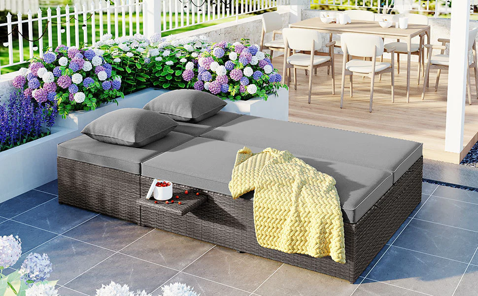 Walker Edison | Wicker Outdoor Double Sunbed Set - Image 33