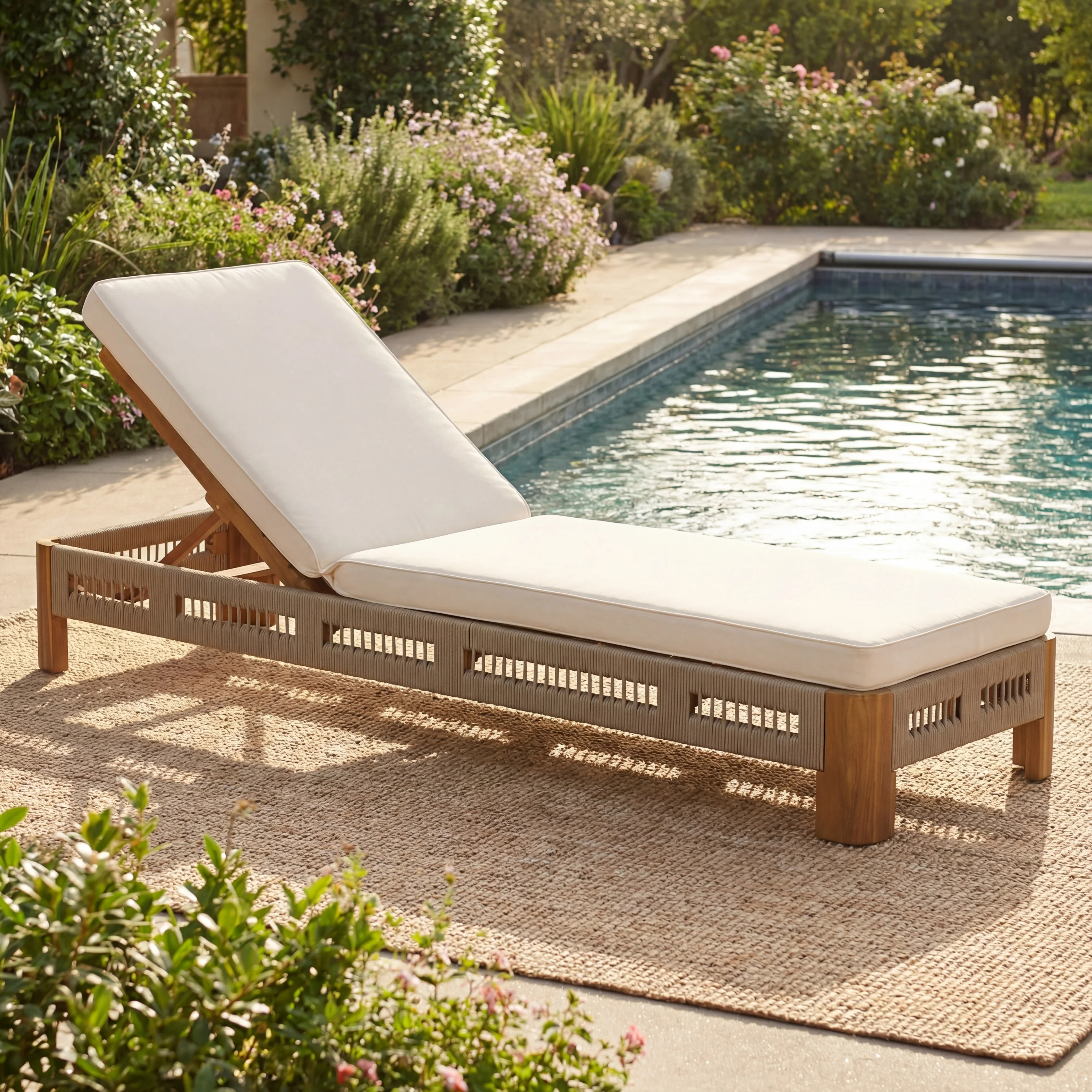 Handwoven Rope Accents Acacia Wood Outdoor Chaise Lounge