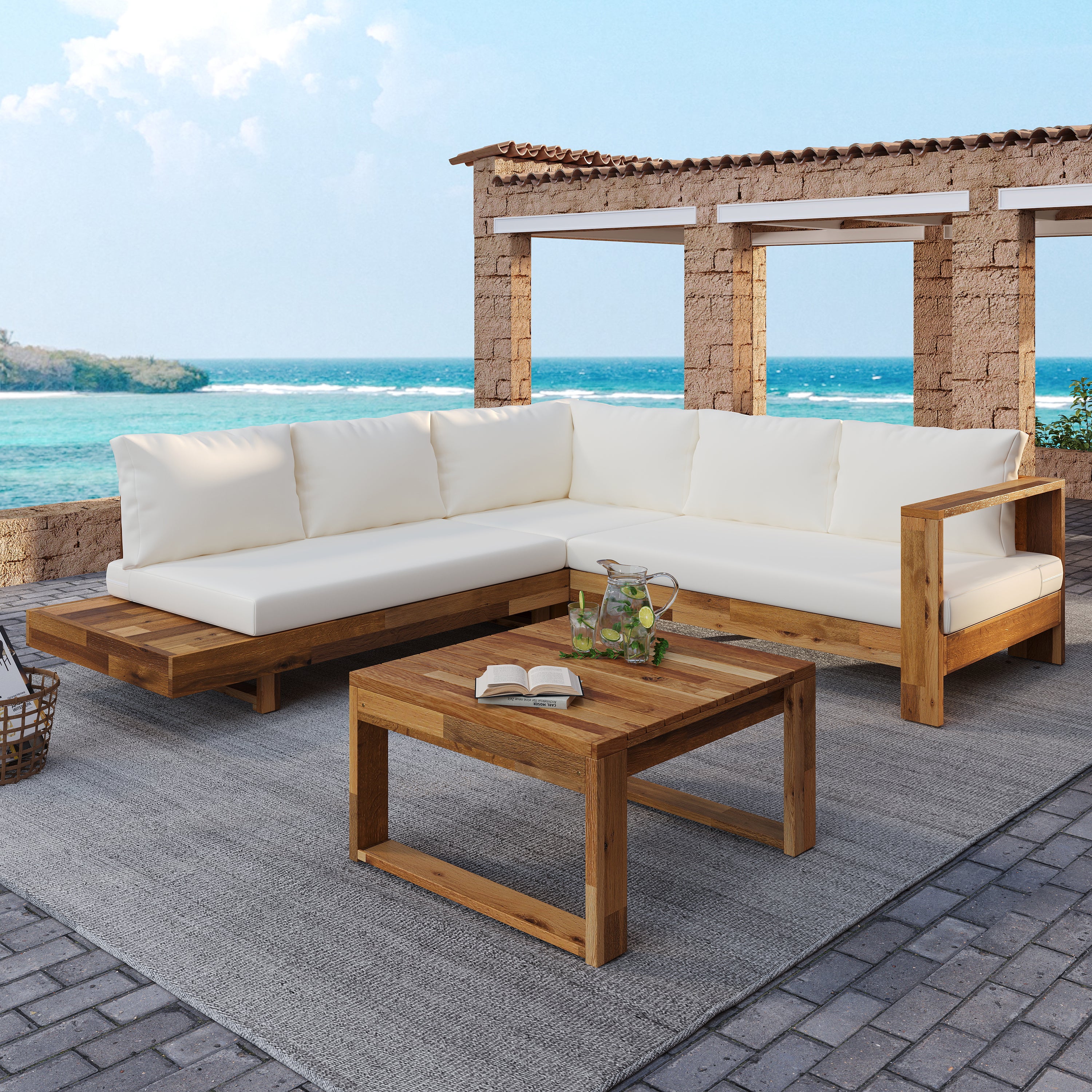 4pc Outdoor Teak Wood Sectional Patio Sofa Set w Table