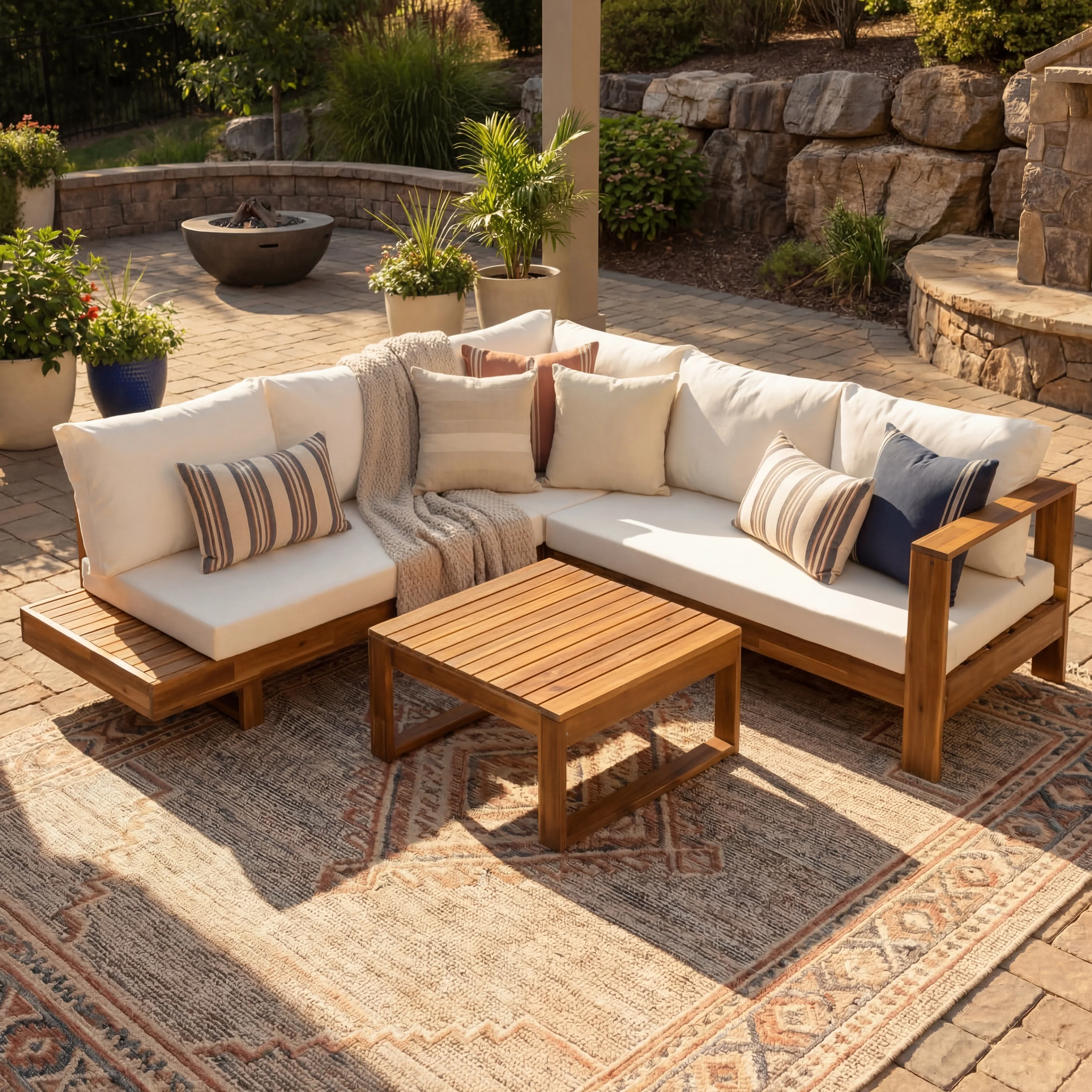 4pc Outdoor Teak Wood Sectional Patio Sofa Set w Table - Image 2