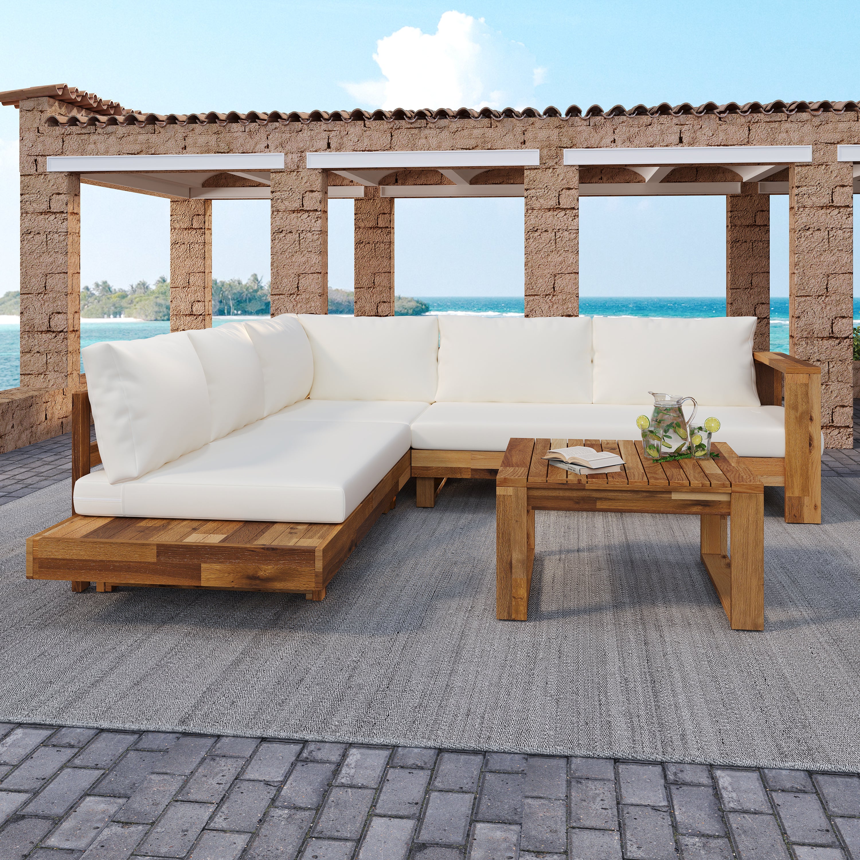 4pc Outdoor Teak Wood Sectional Patio Sofa Set w Table - Image 3