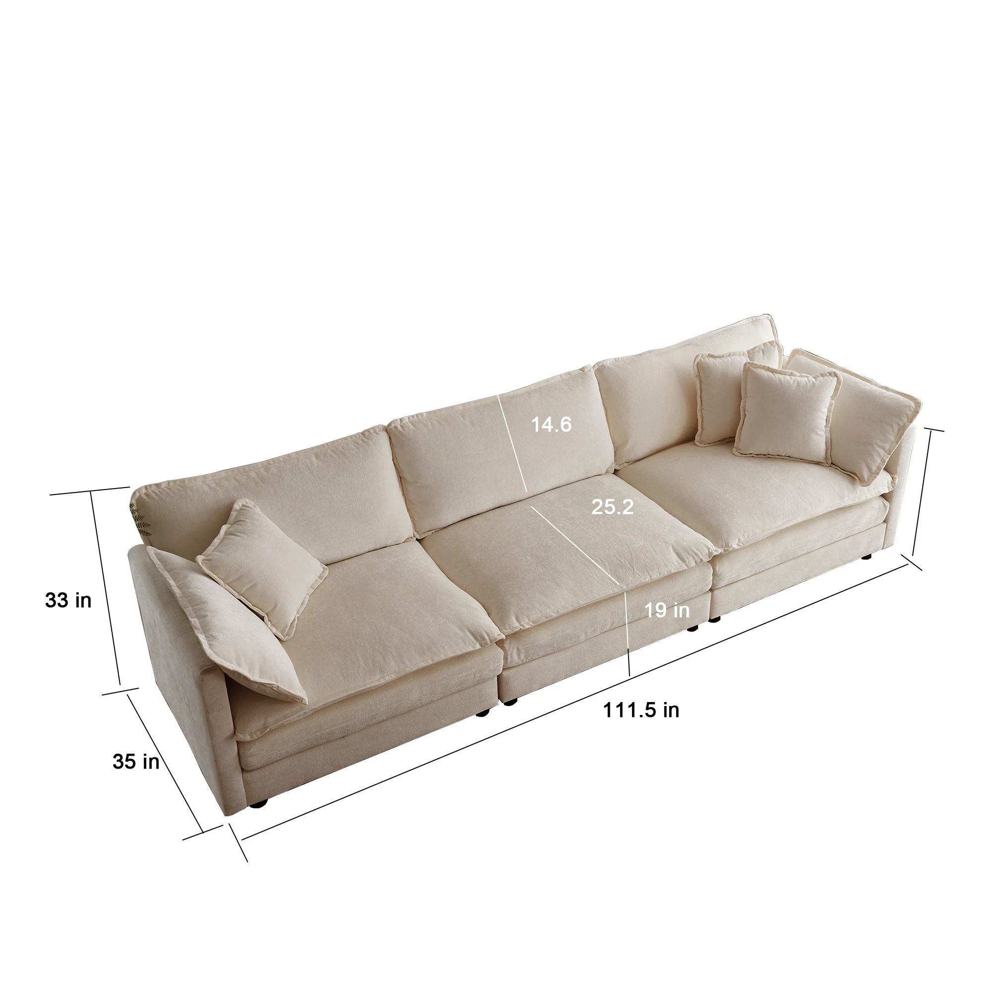Mid-Century Modern Couch 3-Seater Sofa with 2 Armrest Pillows and 3 Toss Pillows, Couch for Living Room Beige Chenille - Image 7