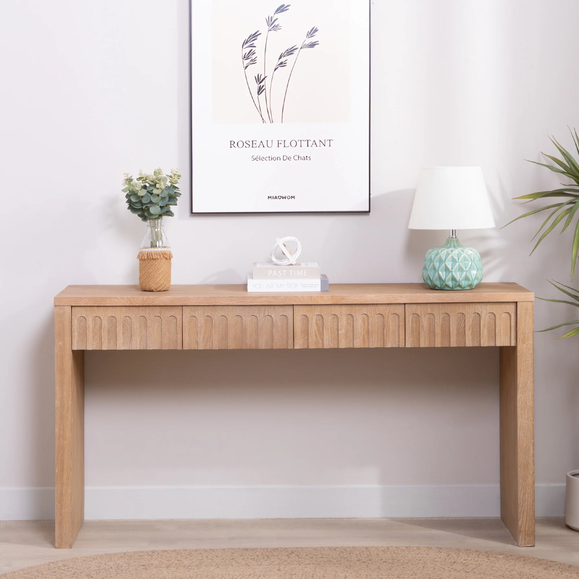Walker Edison | 59in Natural Modern Console Entry Table with 4 Drawers - Image 4