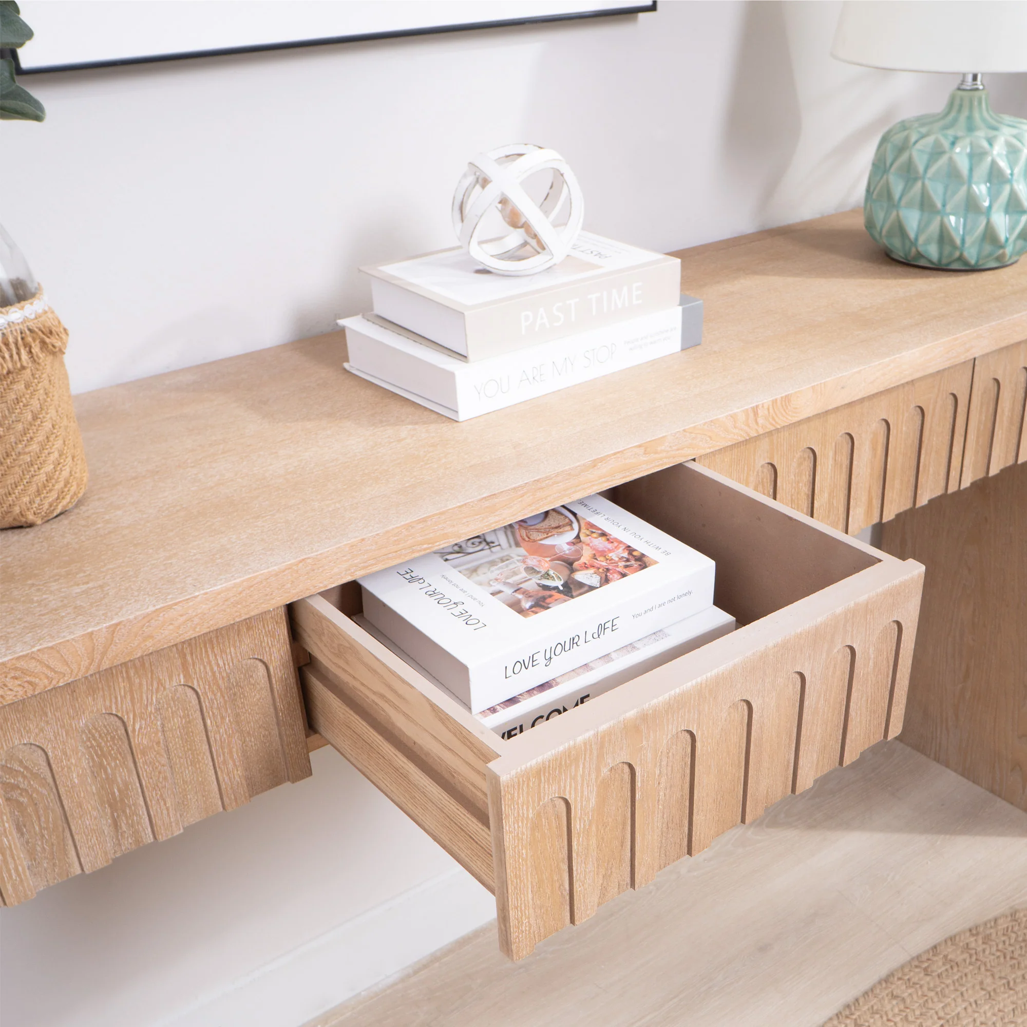 Walker Edison | 59in Natural Modern Console Entry Table with 4 Drawers - Image 8