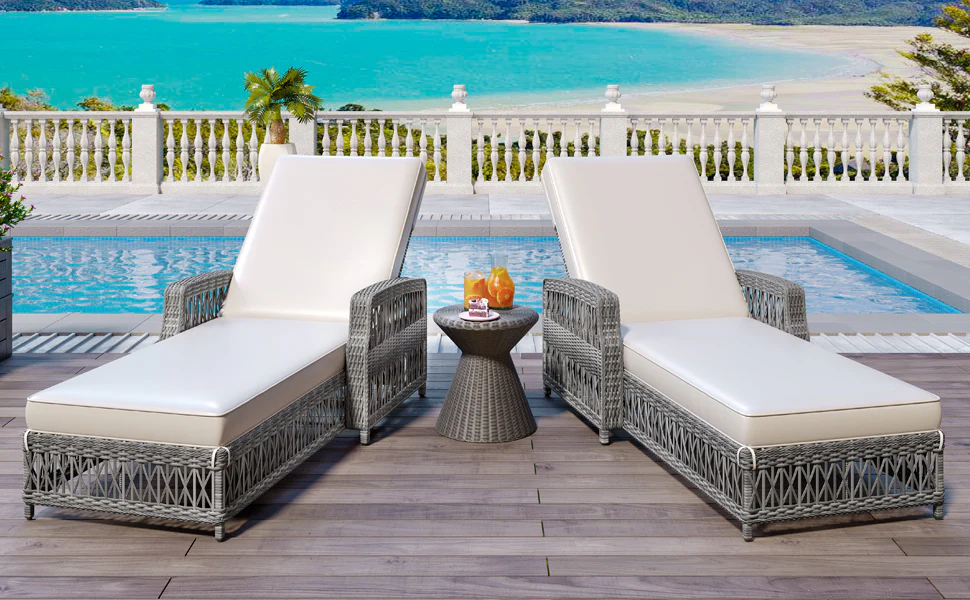 Walker Edison | Outdoor Wicker 2 Piece Lounge Reclining Chairs with Cushions - Image 2