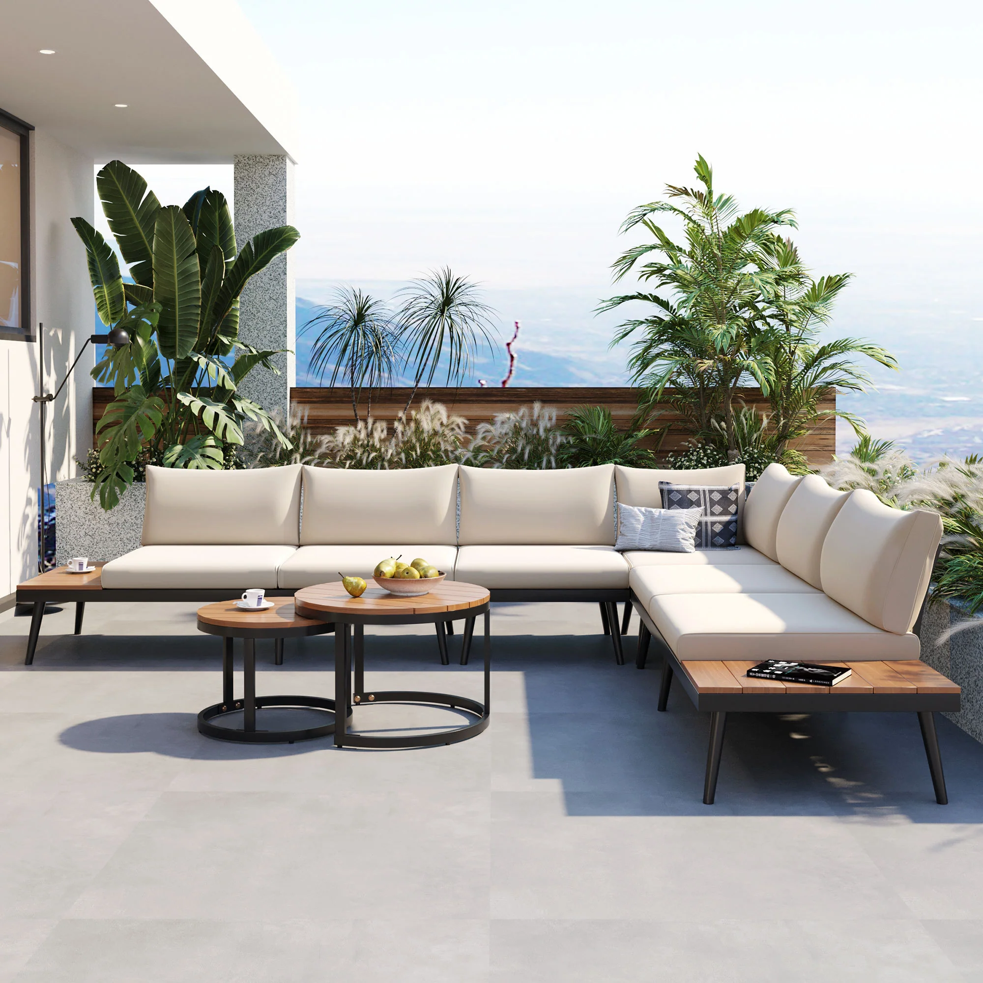 Walker Edison | 6-Piece Outdoor Sectional Sofa Set with Nesting Coffee Tables Beige