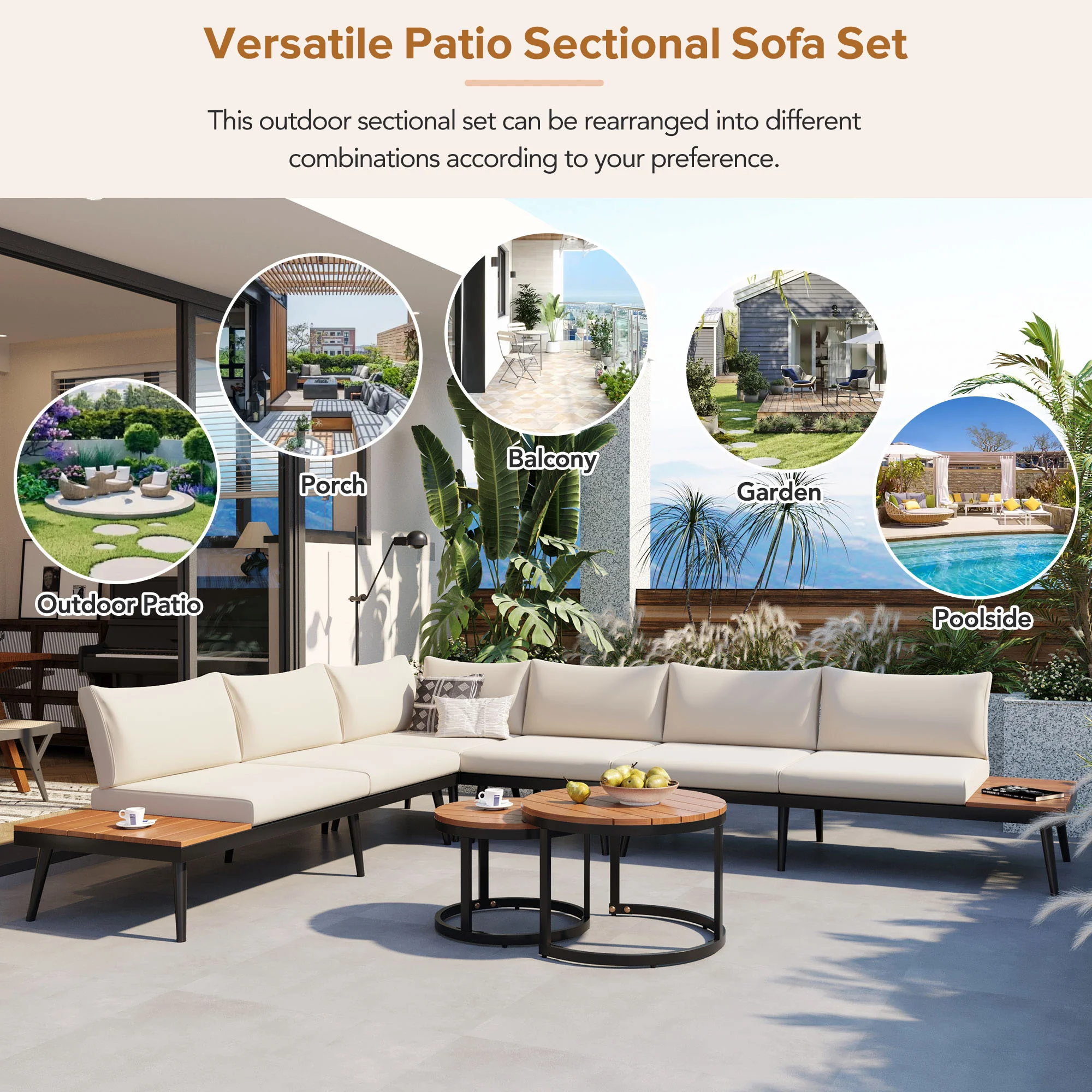 Walker Edison | 6-Piece Outdoor Sectional Sofa Set with Nesting Coffee Tables Beige - Image 10