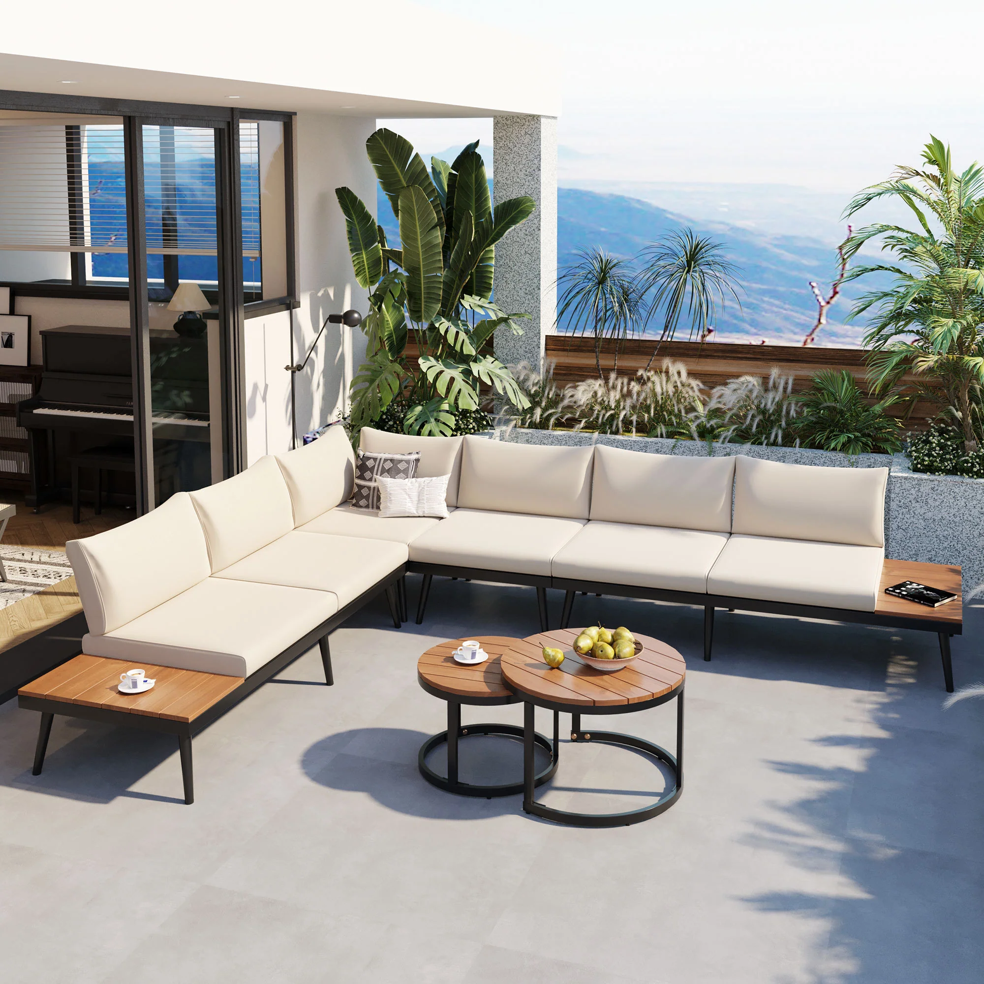 Walker Edison | 6-Piece Outdoor Sectional Sofa Set with Nesting Coffee Tables Beige - Image 2