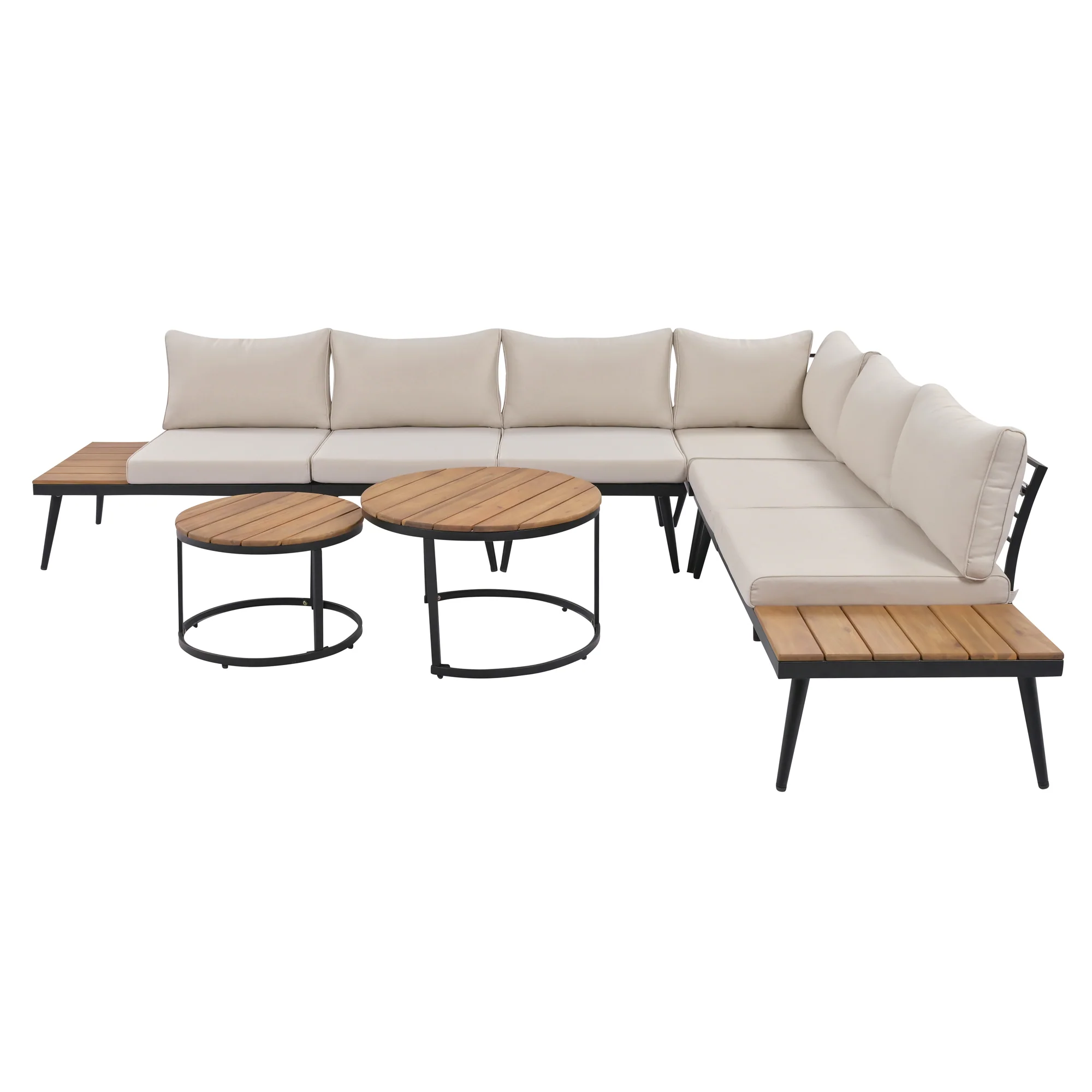 Walker Edison | 6-Piece Outdoor Sectional Sofa Set with Nesting Coffee Tables Beige - Image 24