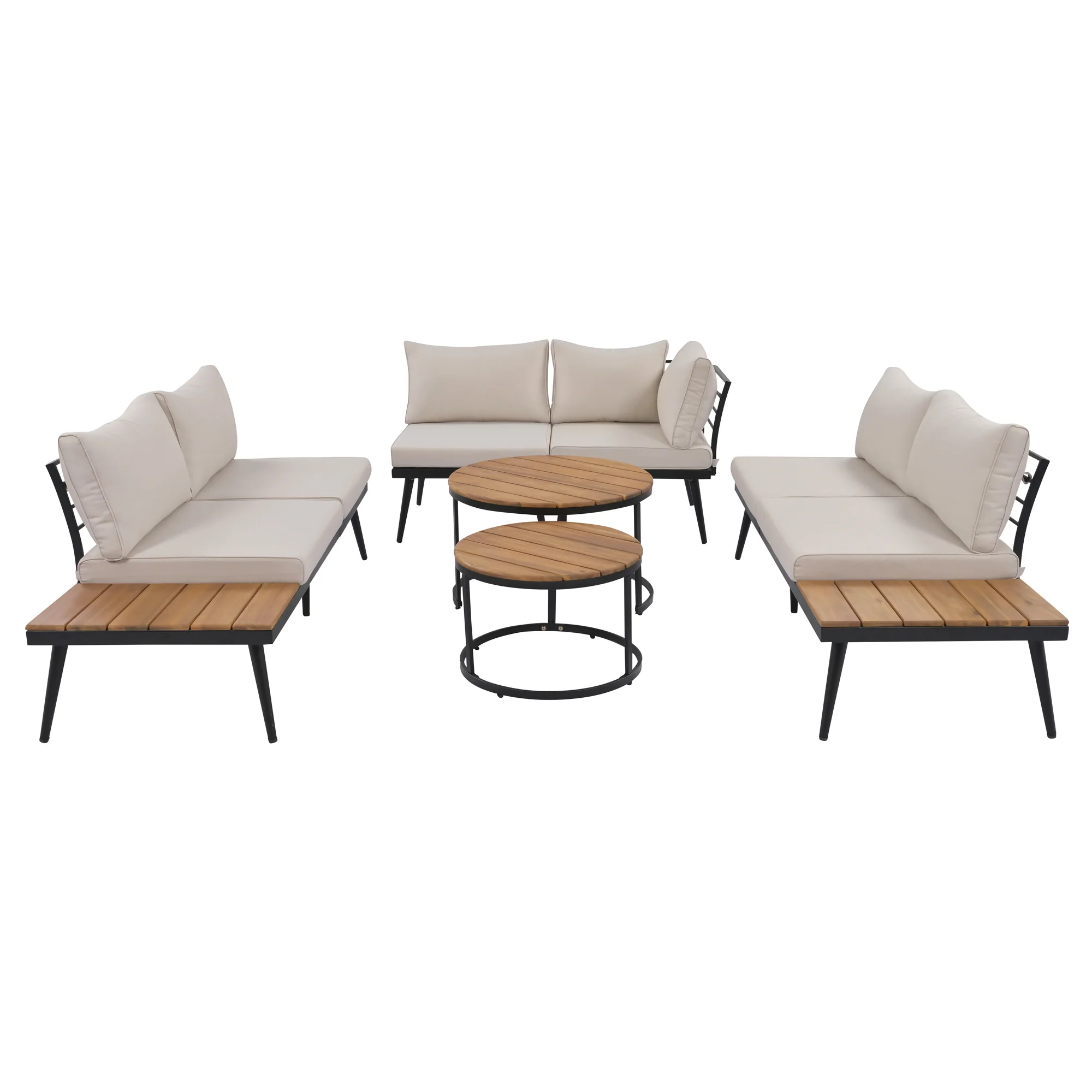 Walker Edison | 6-Piece Outdoor Sectional Sofa Set with Nesting Coffee Tables Beige - Image 26
