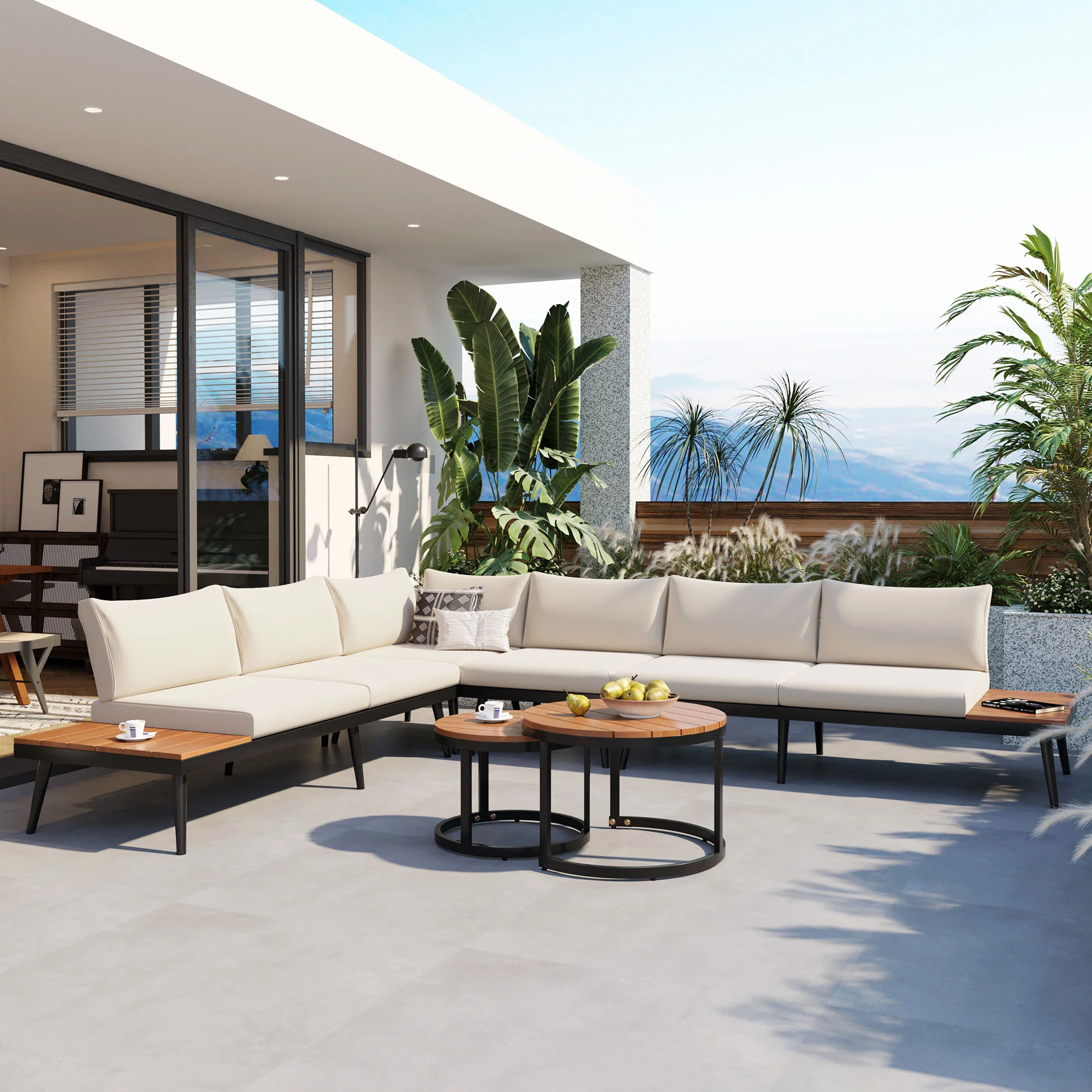 Walker Edison | 6-Piece Outdoor Sectional Sofa Set with Nesting Coffee Tables Beige - Image 3
