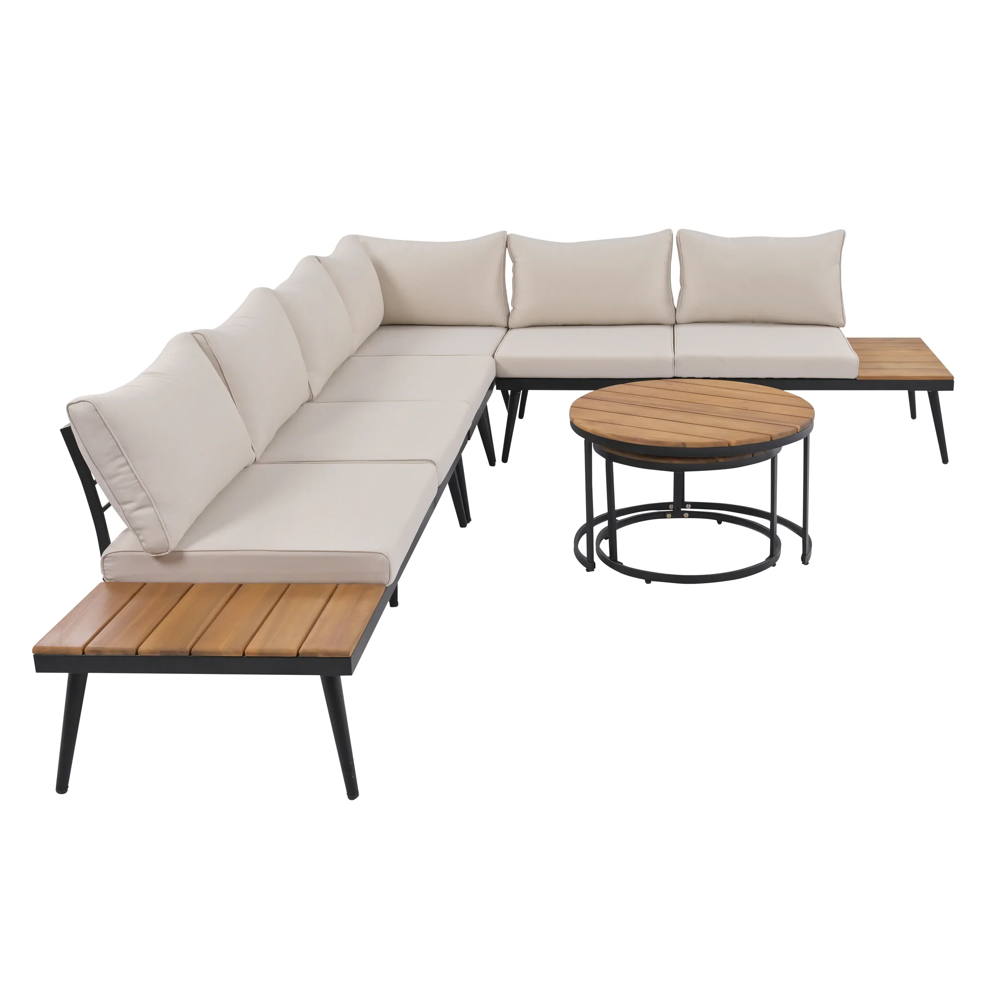 Walker Edison | 6-Piece Outdoor Sectional Sofa Set with Nesting Coffee Tables Beige - Image 44
