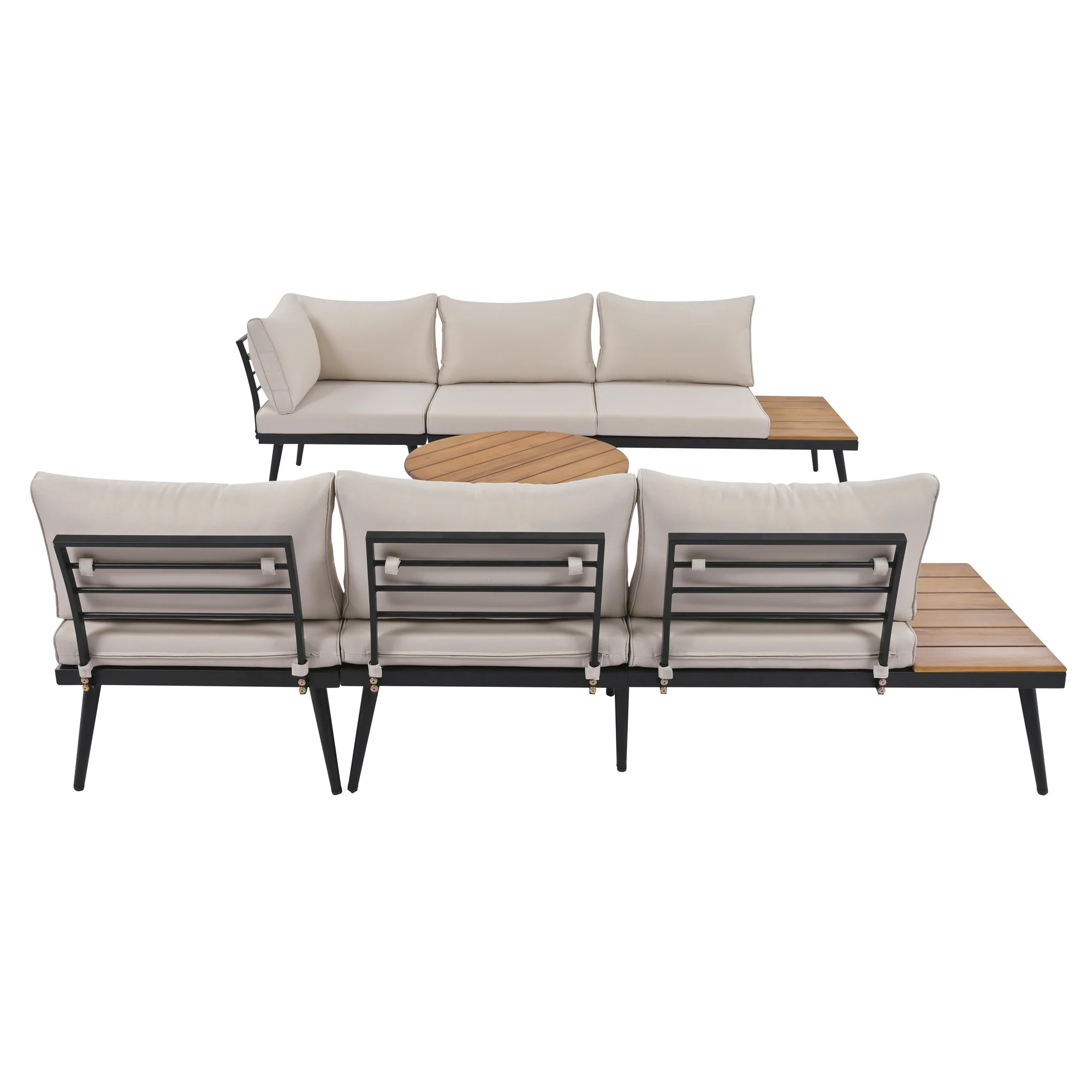 Walker Edison | 6-Piece Outdoor Sectional Sofa Set with Nesting Coffee Tables Beige - Image 45
