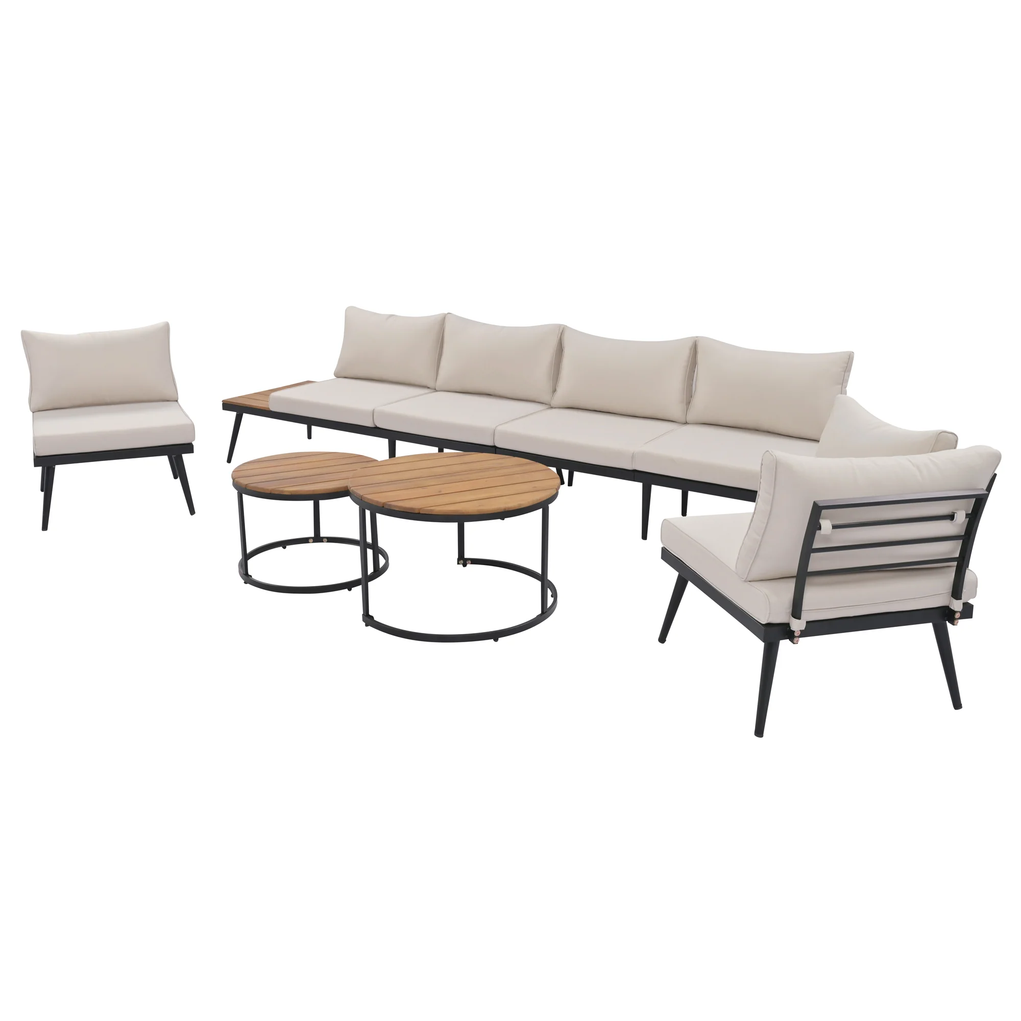 Walker Edison | 6-Piece Outdoor Sectional Sofa Set with Nesting Coffee Tables Beige - Image 46