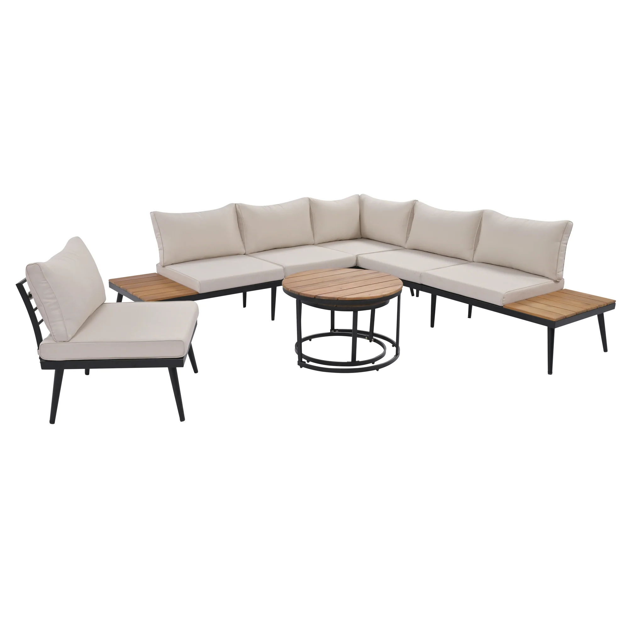 Walker Edison | 6-Piece Outdoor Sectional Sofa Set with Nesting Coffee Tables Beige - Image 48