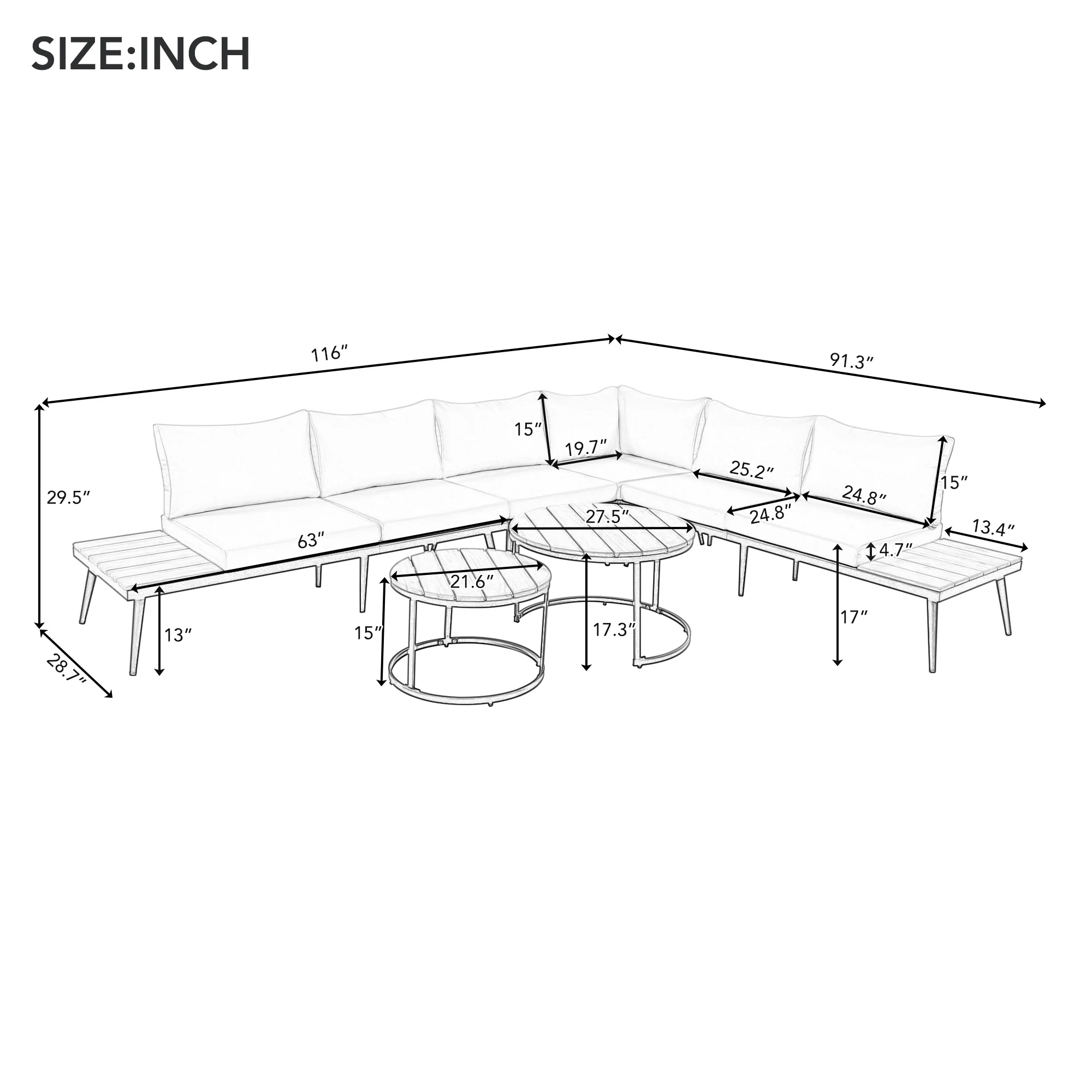 Walker Edison | 6-Piece Outdoor Sectional Sofa Set with Nesting Coffee Tables Beige - Image 5
