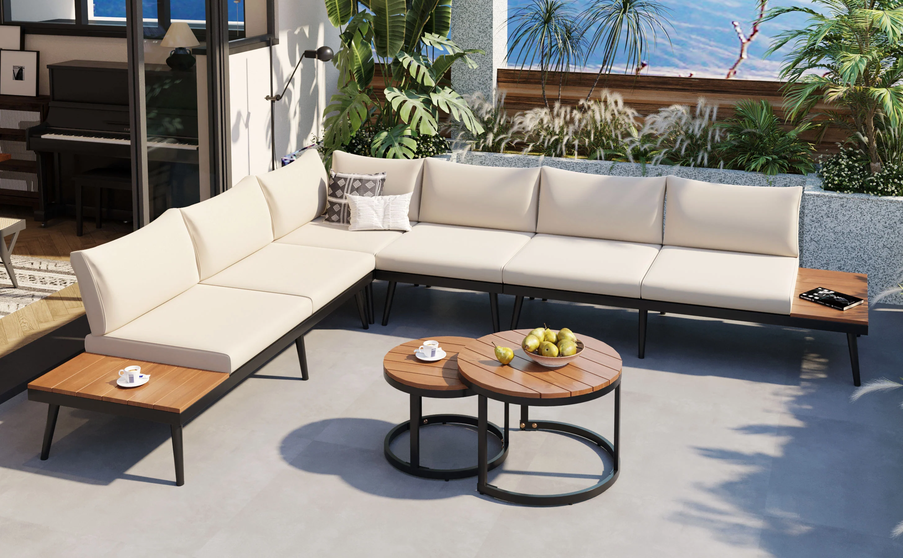 Walker Edison | 6-Piece Outdoor Sectional Sofa Set with Nesting Coffee Tables Beige - Image 51