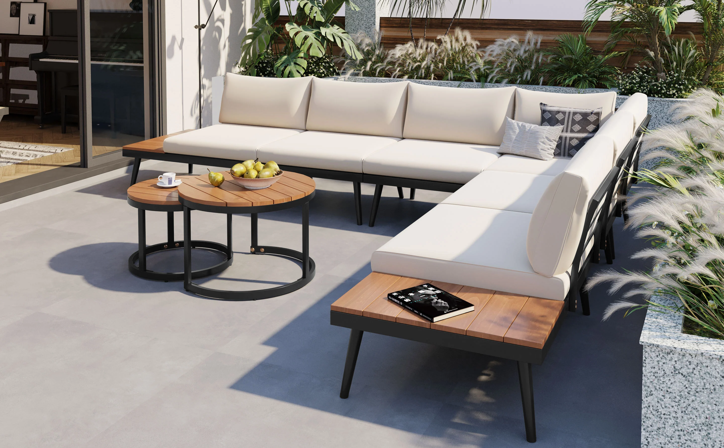 Walker Edison | 6-Piece Outdoor Sectional Sofa Set with Nesting Coffee Tables Beige - Image 52