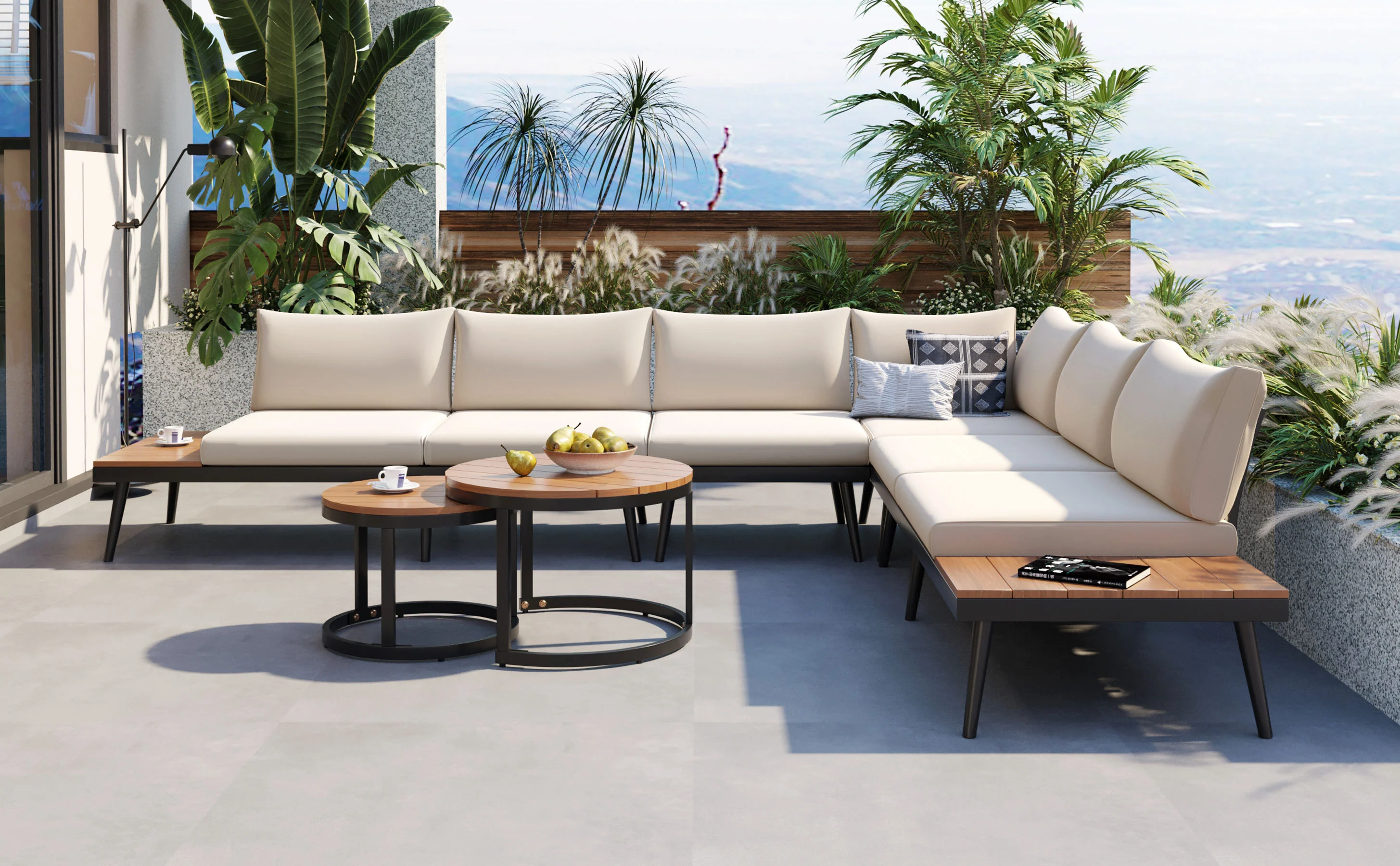 Walker Edison | 6-Piece Outdoor Sectional Sofa Set with Nesting Coffee Tables Beige - Image 53