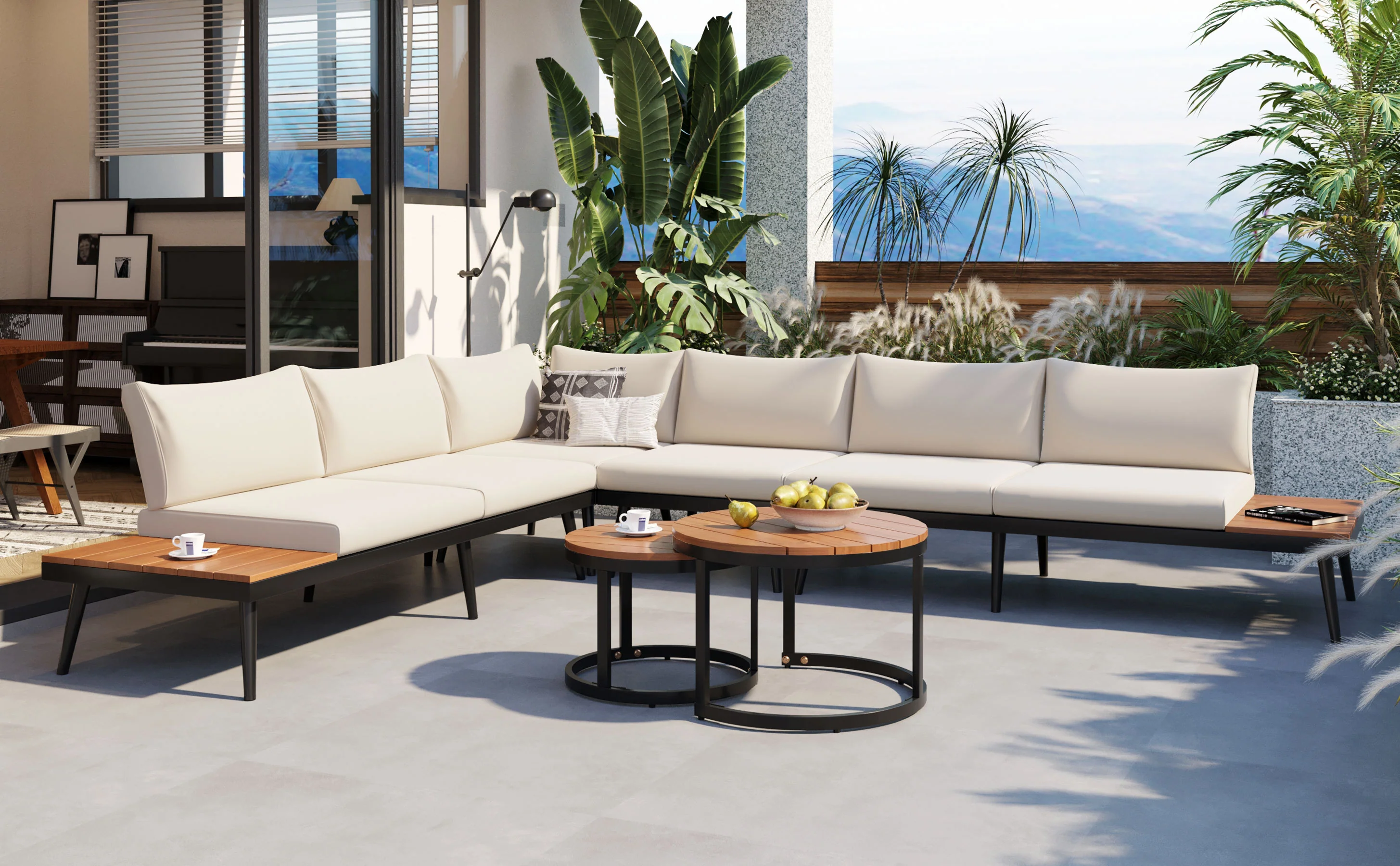 Walker Edison | 6-Piece Outdoor Sectional Sofa Set with Nesting Coffee Tables Beige - Image 54
