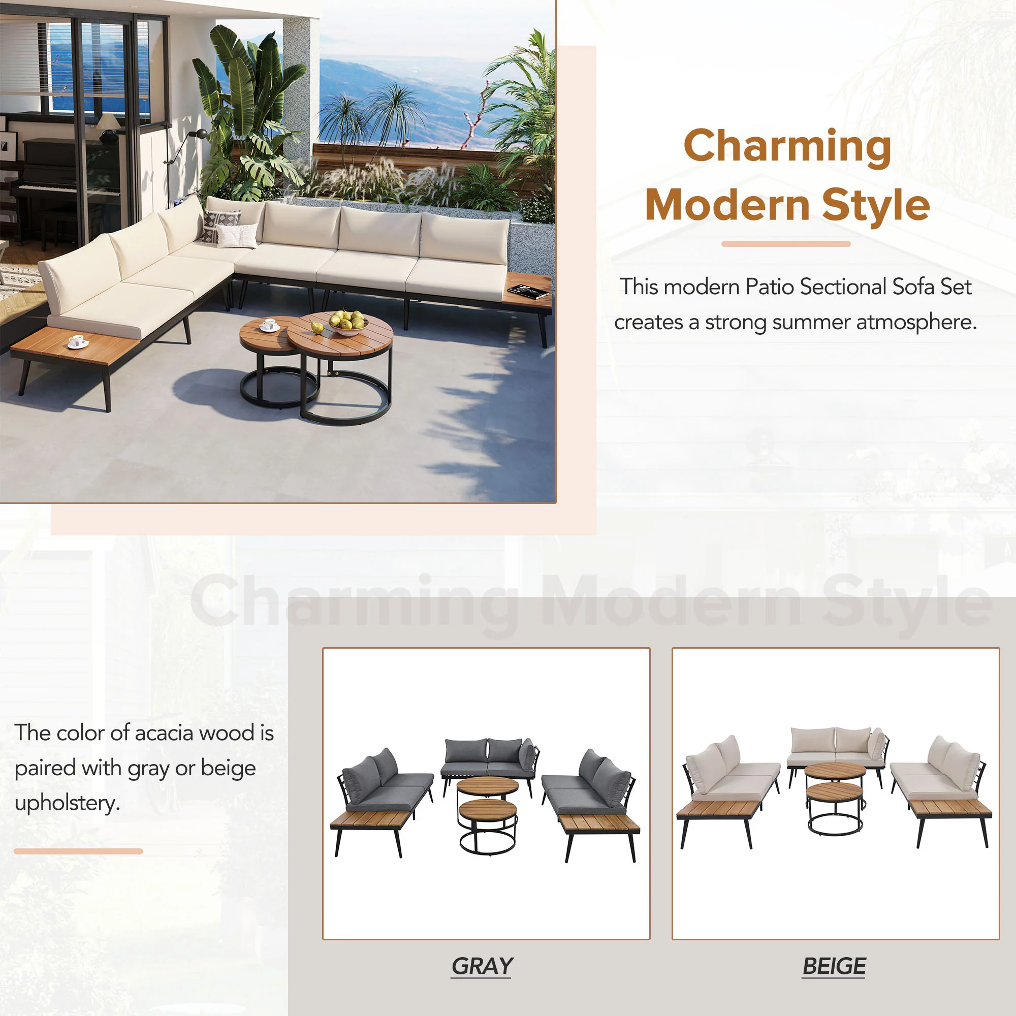 Walker Edison | 6-Piece Outdoor Sectional Sofa Set with Nesting Coffee Tables Beige - Image 6