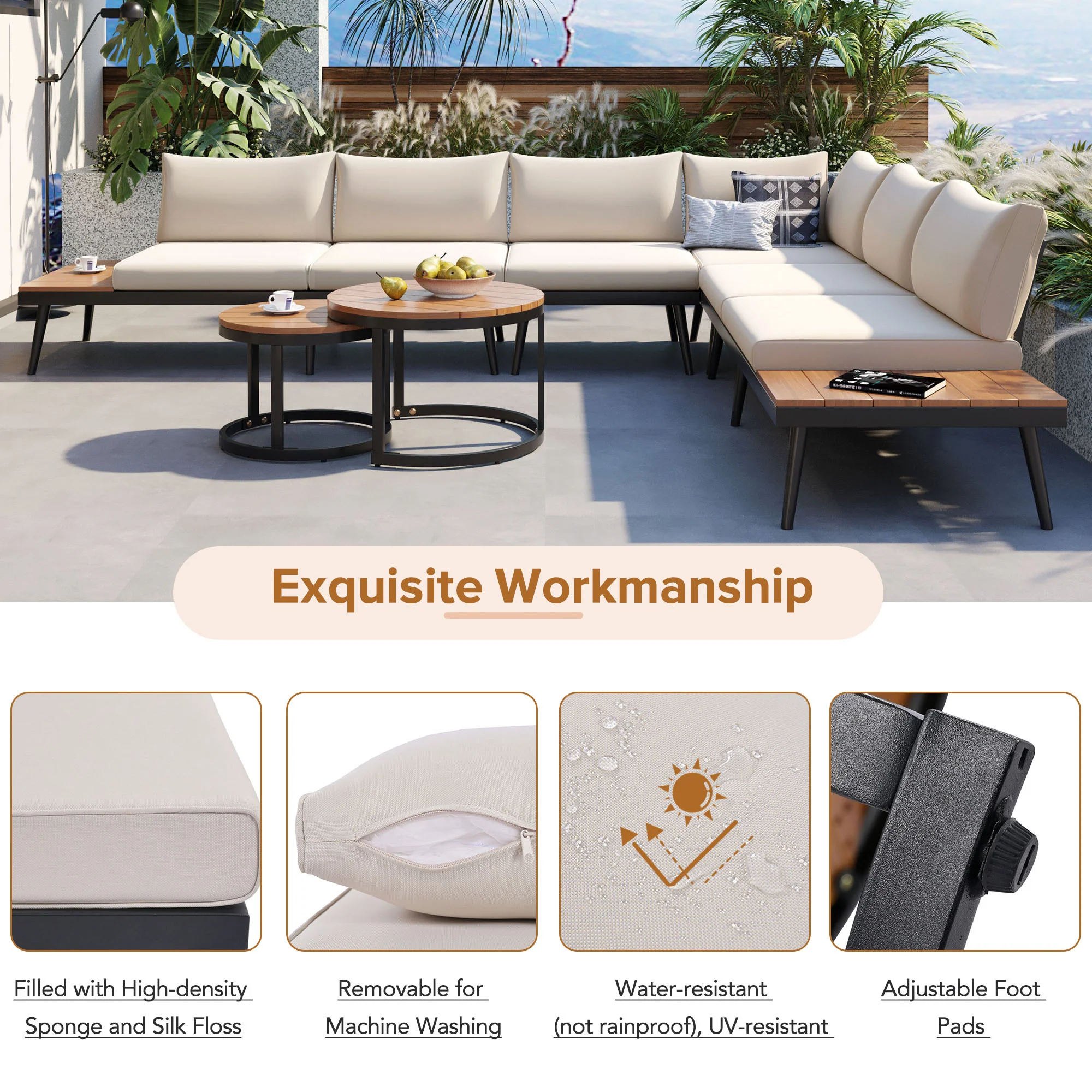 Walker Edison | 6-Piece Outdoor Sectional Sofa Set with Nesting Coffee Tables Beige - Image 8