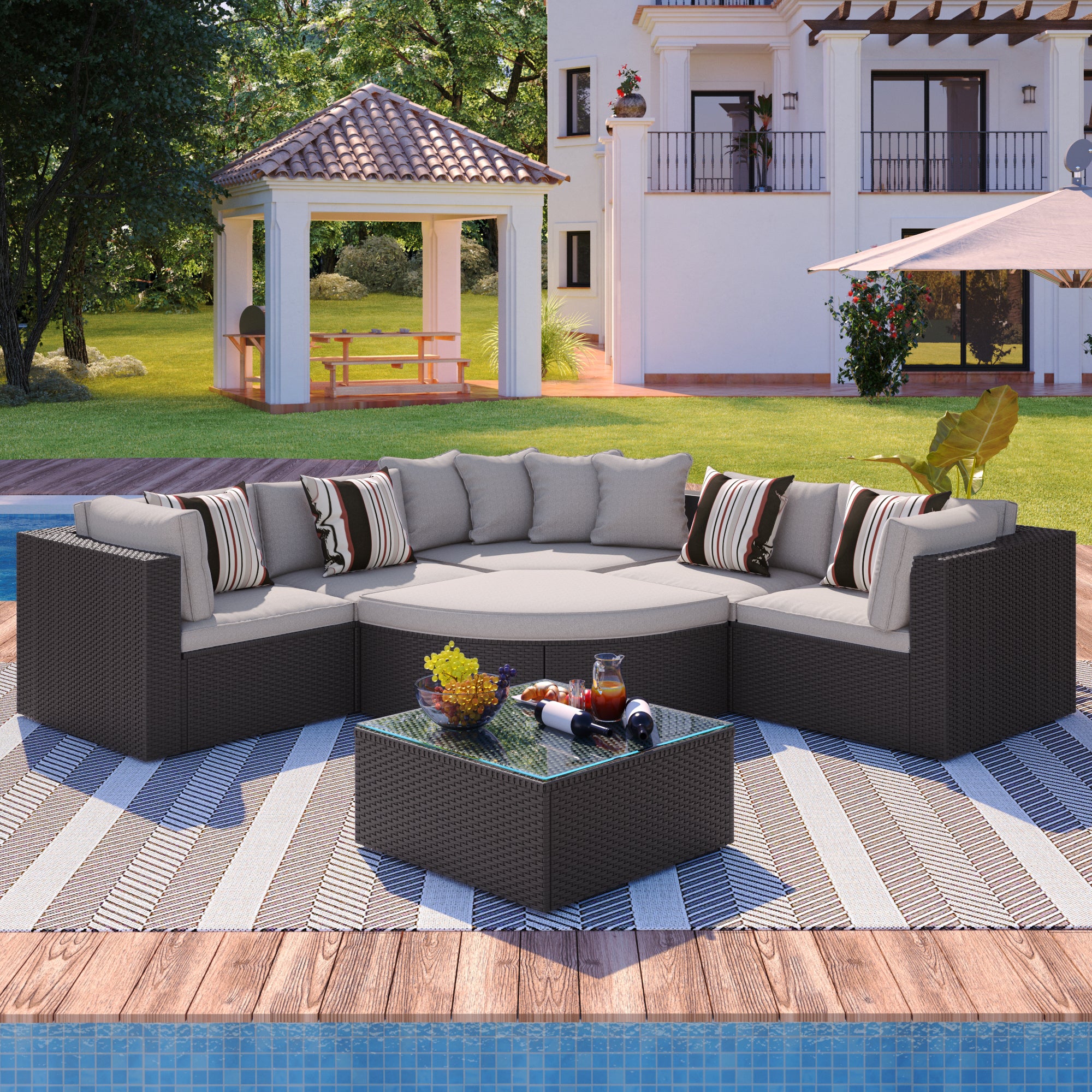 Walker Edison | 7 Piece Outdoor Wicker Modular Sofa Set - Image 2