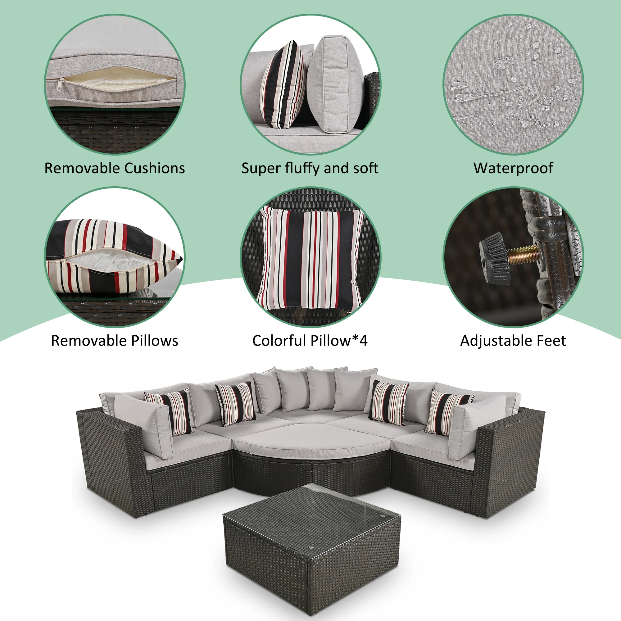 Walker Edison | 7 Piece Outdoor Wicker Modular Sofa Set - Image 6