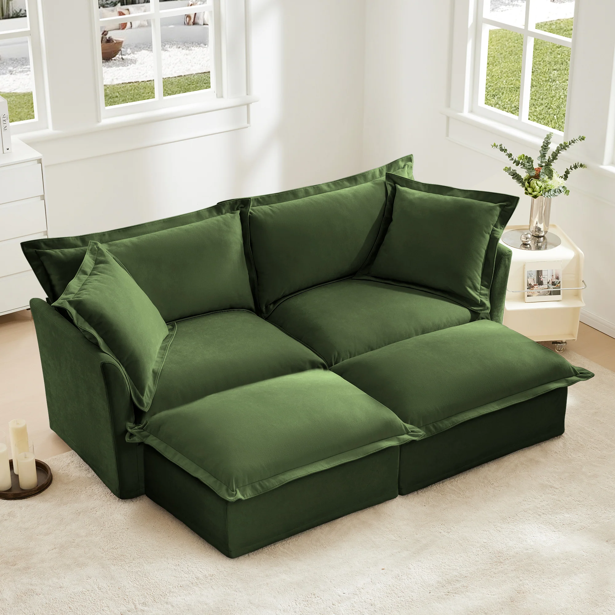 Walker Edison | Wide Deep Seat Slipcovered Loveseat Sofa with 2 Ottomans