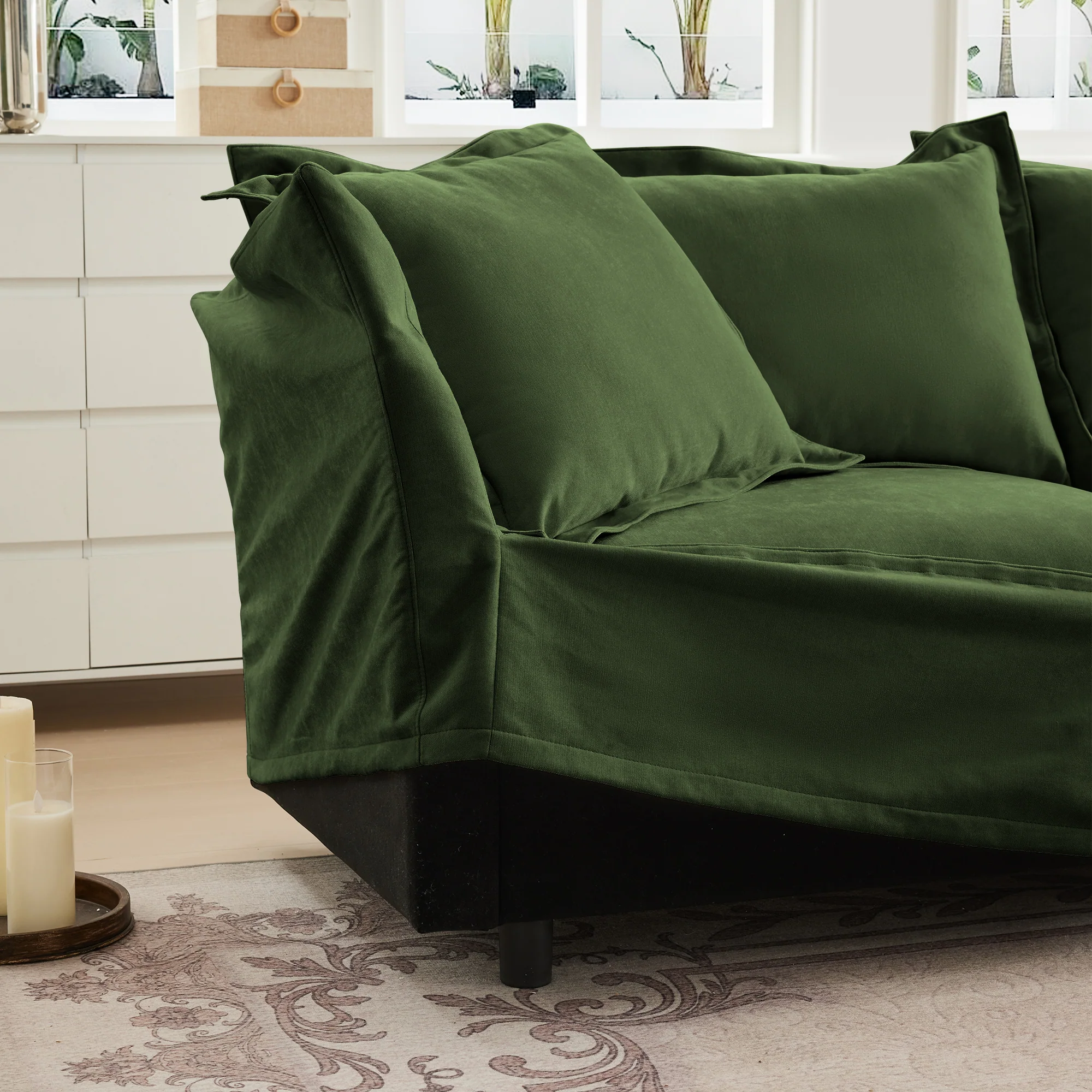 Walker Edison | Wide Deep Seat Slipcovered Loveseat Sofa with 2 Ottomans - Image 20